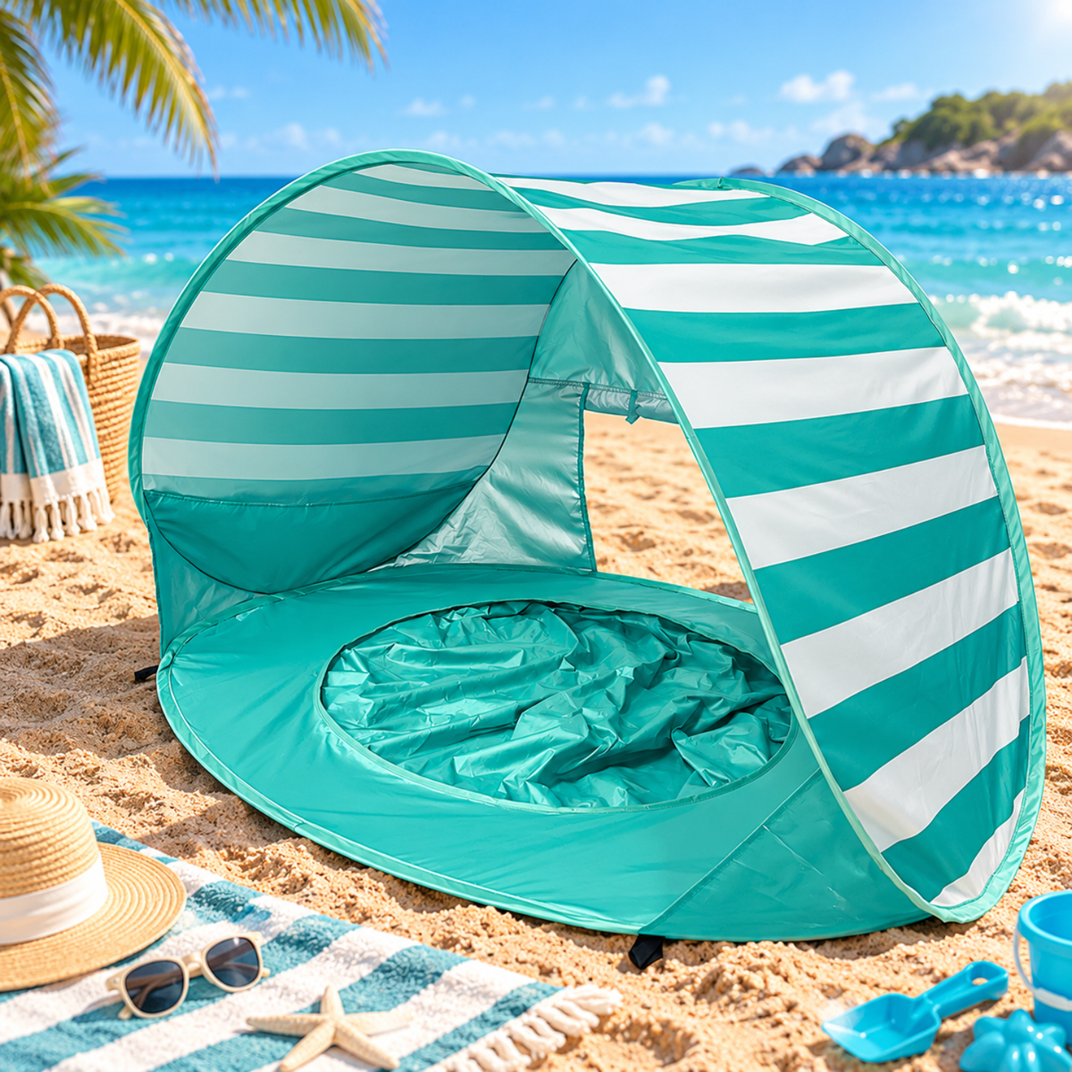 3-in-1 Baby Strandmuschel mit Planschbecken | UPF 50+ Pop-Up Sonnenschutz - Aqua