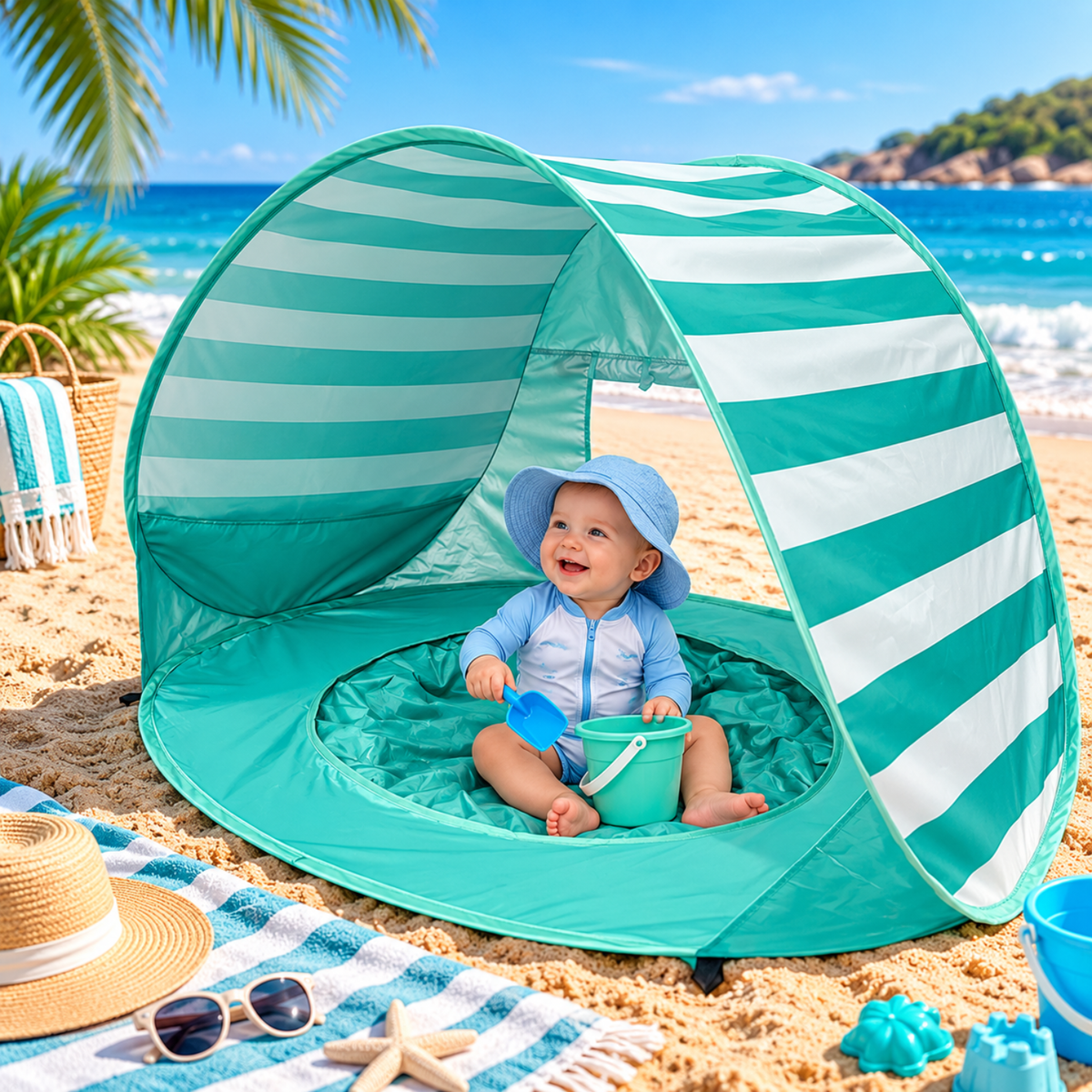 3-in-1 Baby Strandmuschel mit Planschbecken | UPF 50+ Pop-Up Sonnenschutz - Aqua