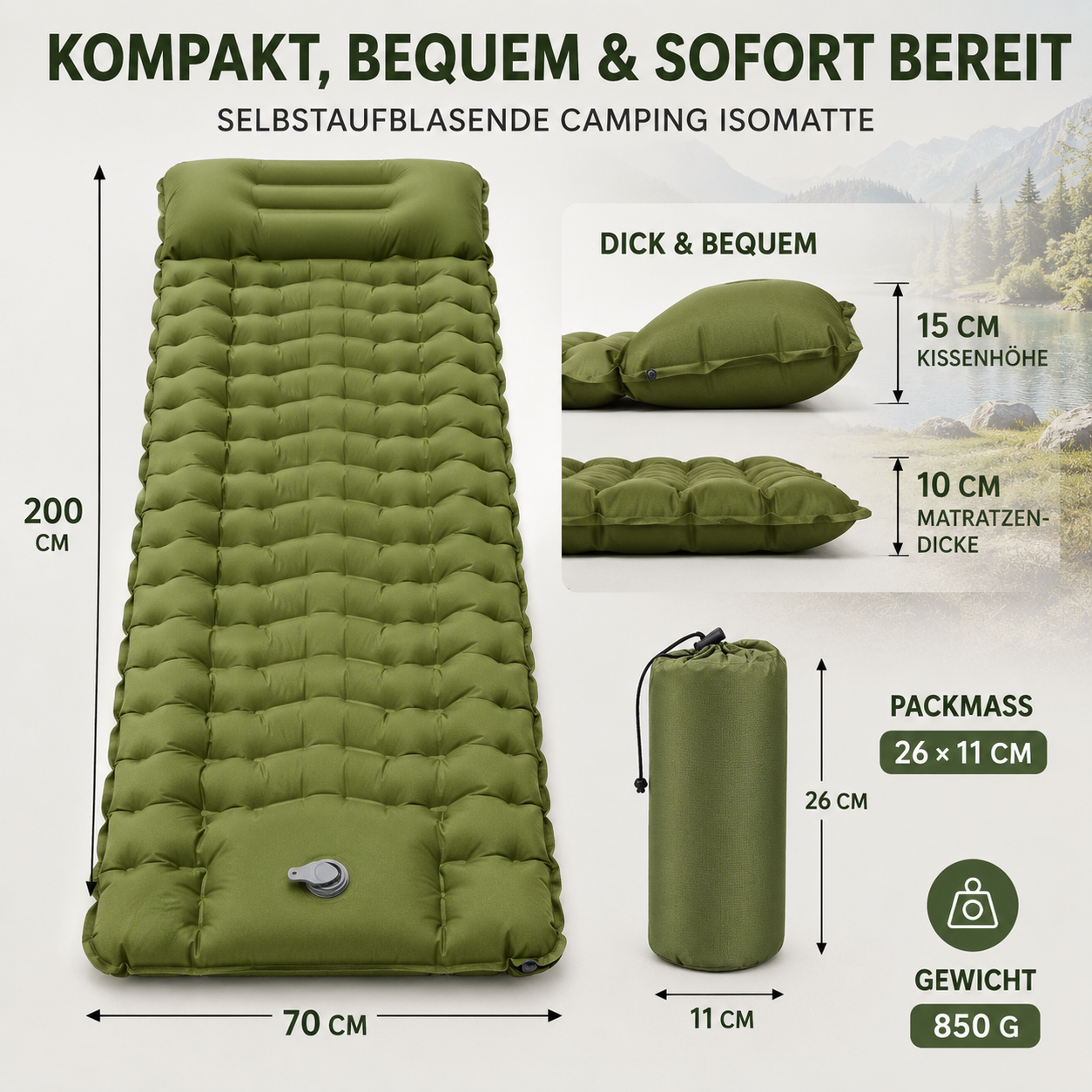 Luftmatratze mit integriertem Kissen & Pumpe – HikeRest DeepSleep