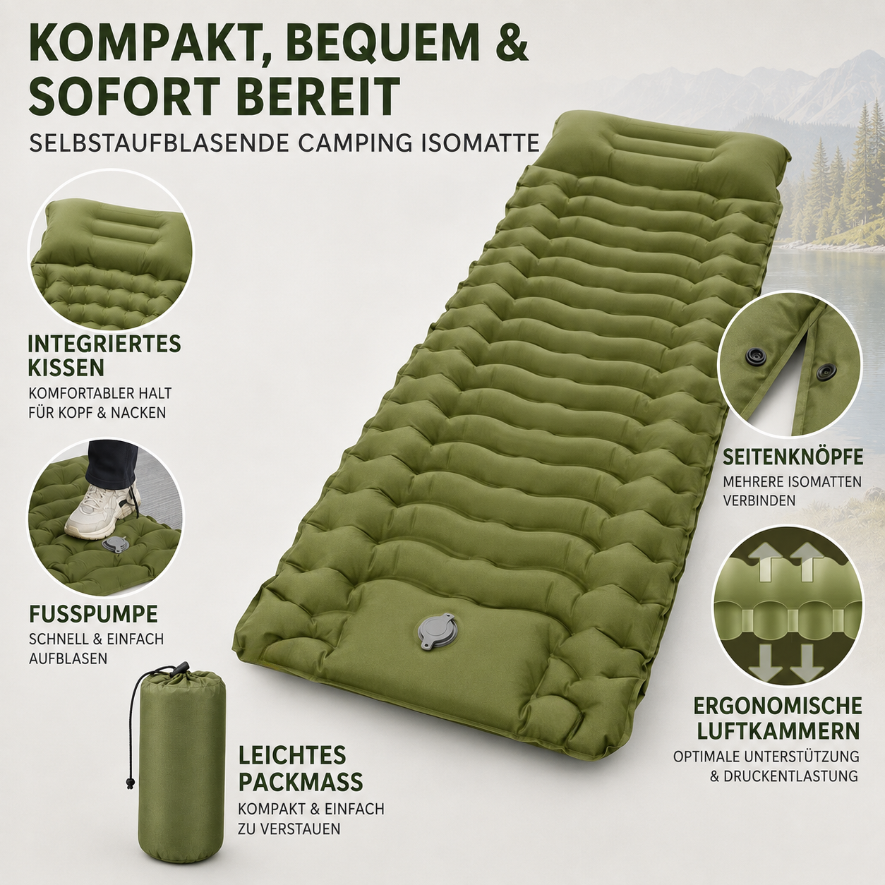 Luftmatratze mit integriertem Kissen & Pumpe – HikeRest DeepSleep
