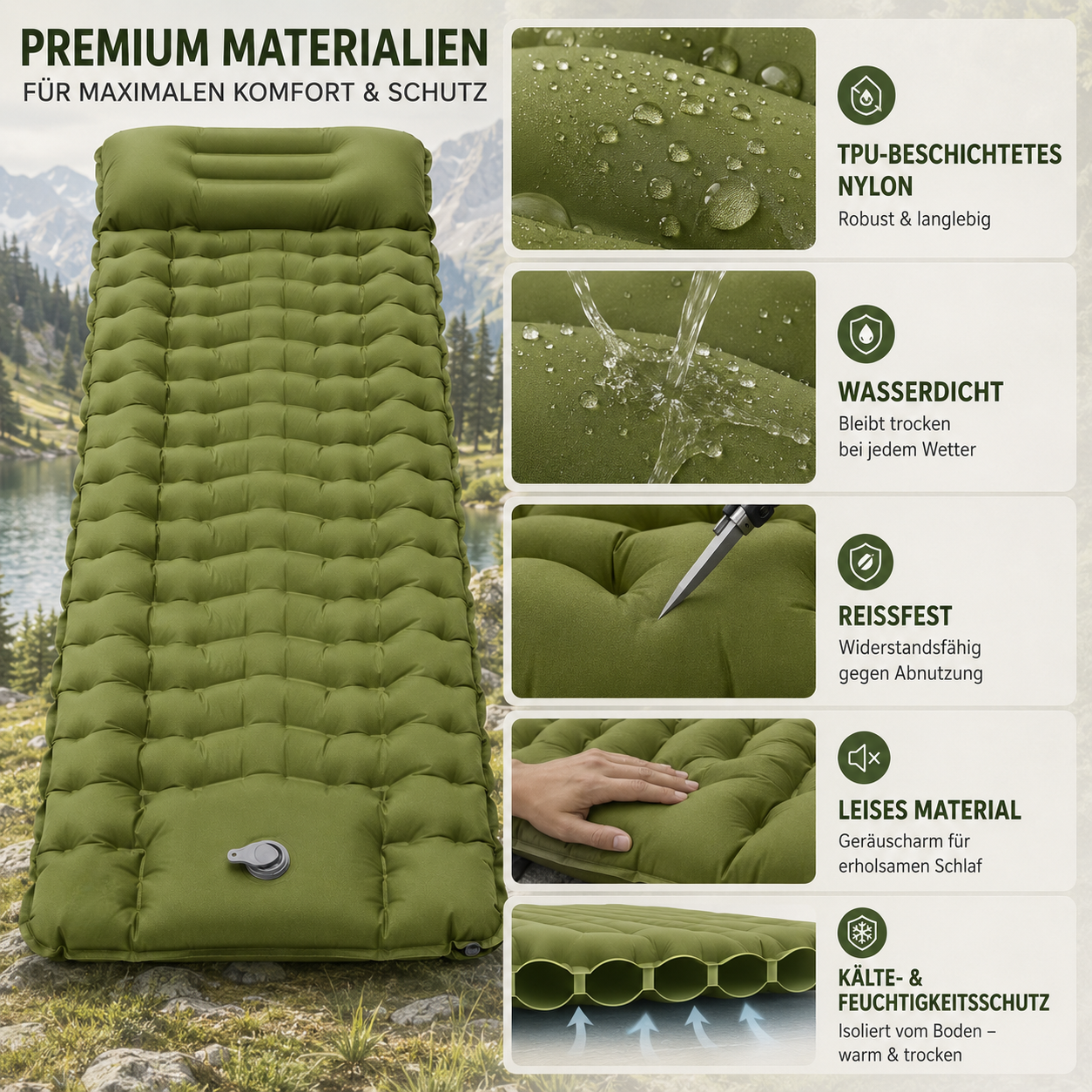 Luftmatratze mit integriertem Kissen & Pumpe – HikeRest DeepSleep