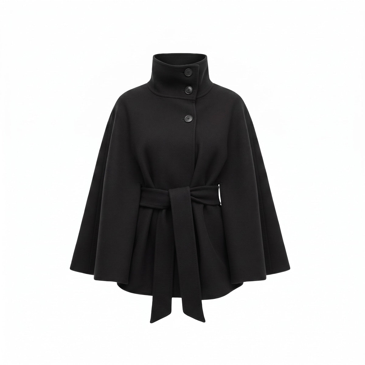 Maridora | Damen Umhang-Mantel mit Bindegürtel, hohem Stehkragen und asymmetrischer Knopfleiste