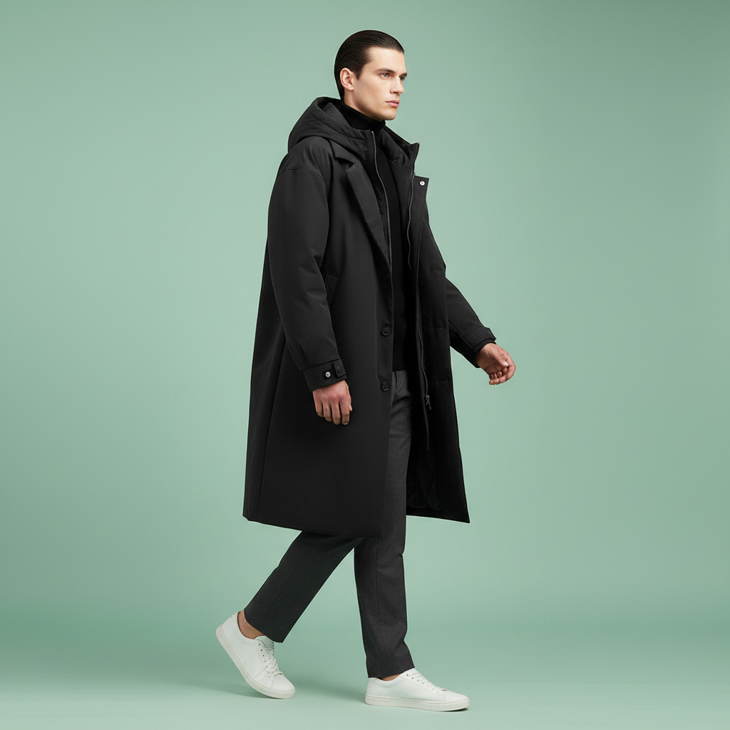 Wasserdichter Trenchcoat mit Kapuze für Herren – Lange wetterfeste Schicht für Stadt und Reisen