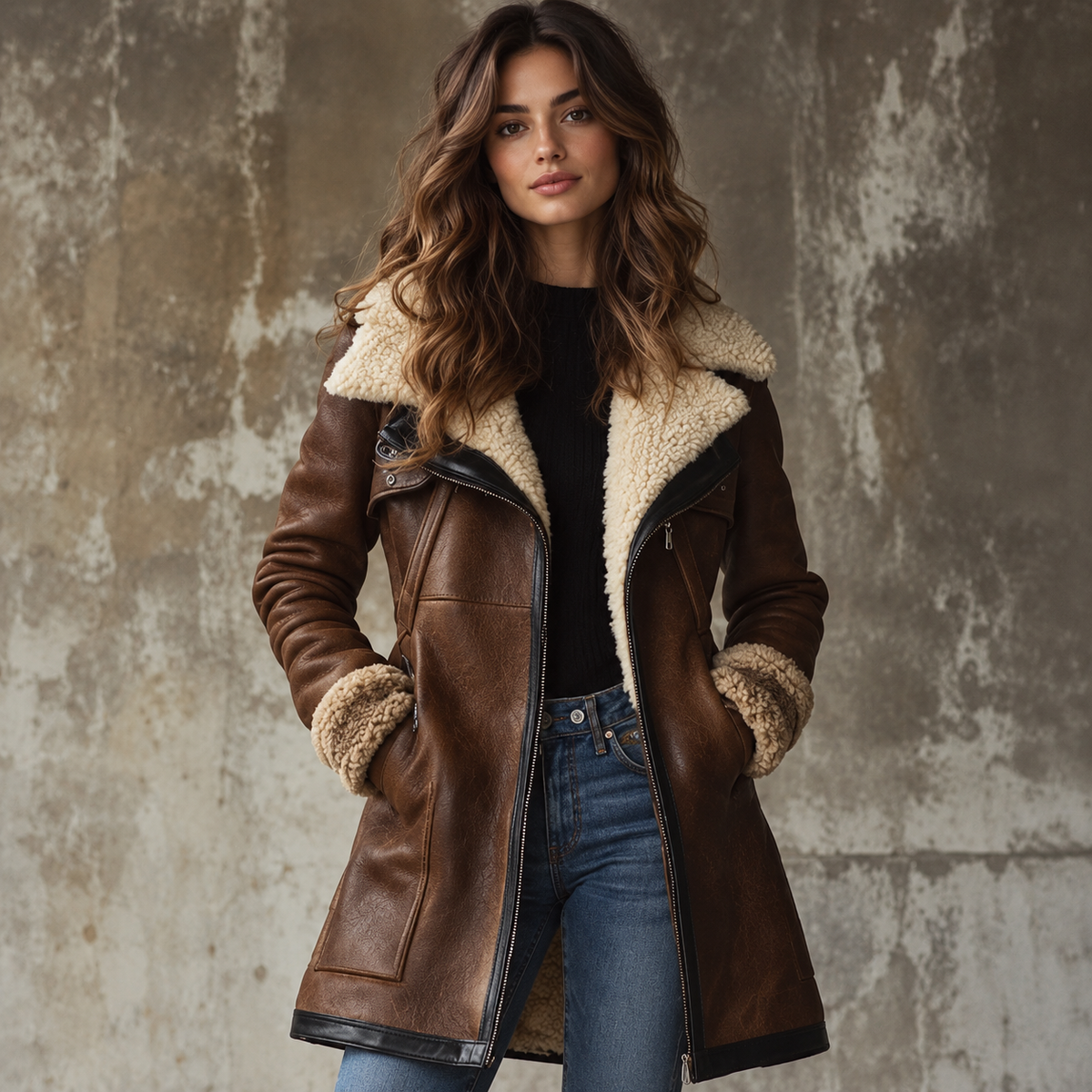 Langer Vintage-Ledermantel mit Kunstfellkragen für Damen