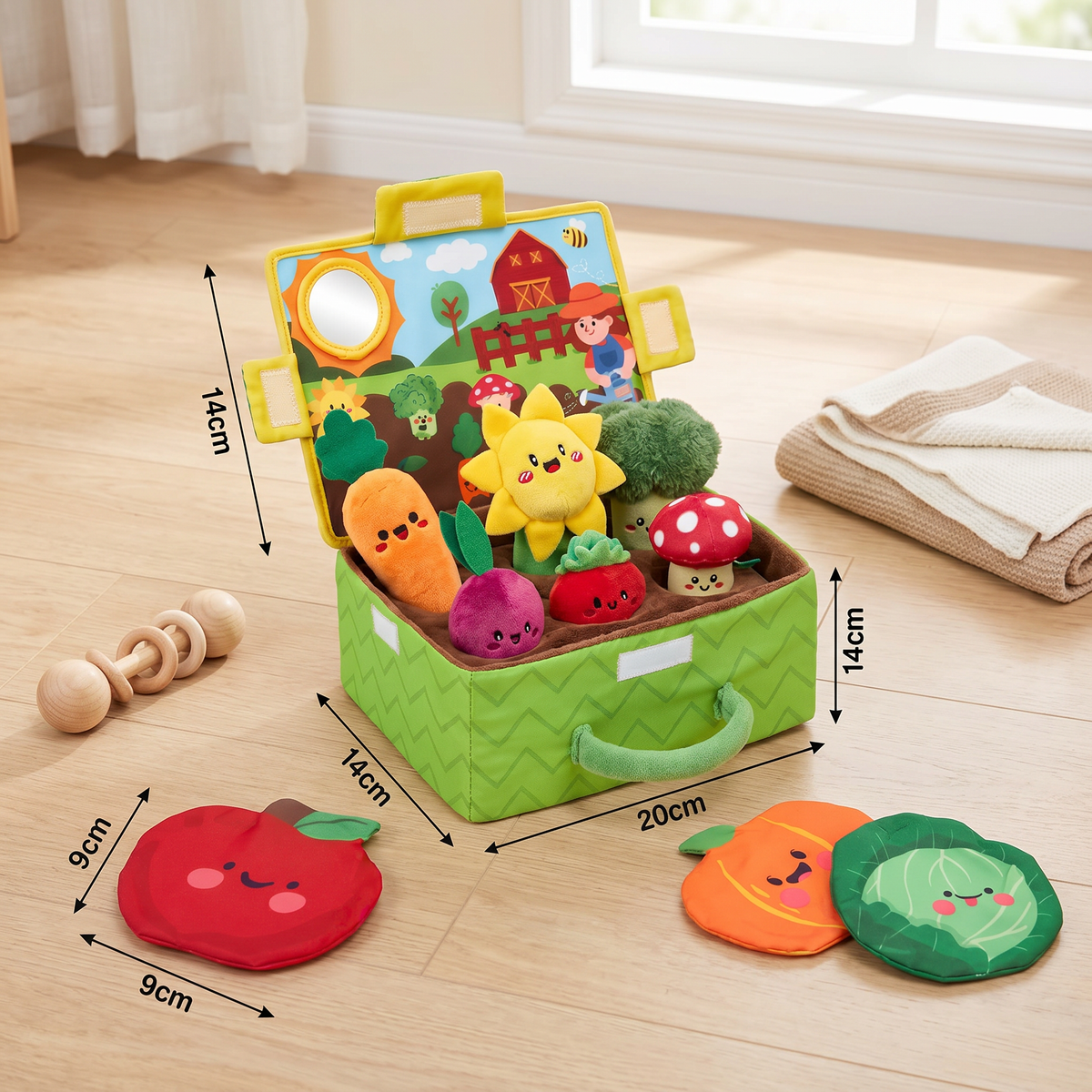Montessori Garten Sensorik-Spielzeug für Babys – Plüsch-Obst & Gemüse-Set mit Rassel, Spiegel & Quietscher
