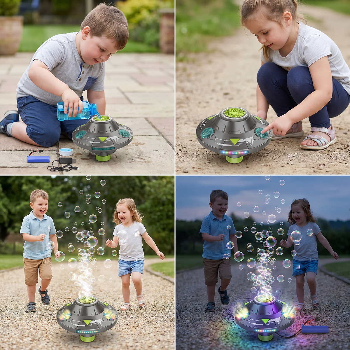 Leuchtende UFO-Seifenblasenmaschine für Kinder – Wiederaufladbare drehende Seifenblasenpistole mit LED-Effekten