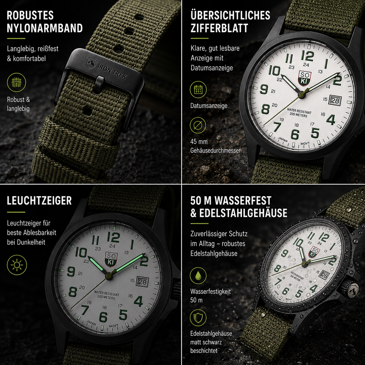 Militär Armbanduhr Edelstahl 45mm wasserdicht & robust – IronTrek Watch