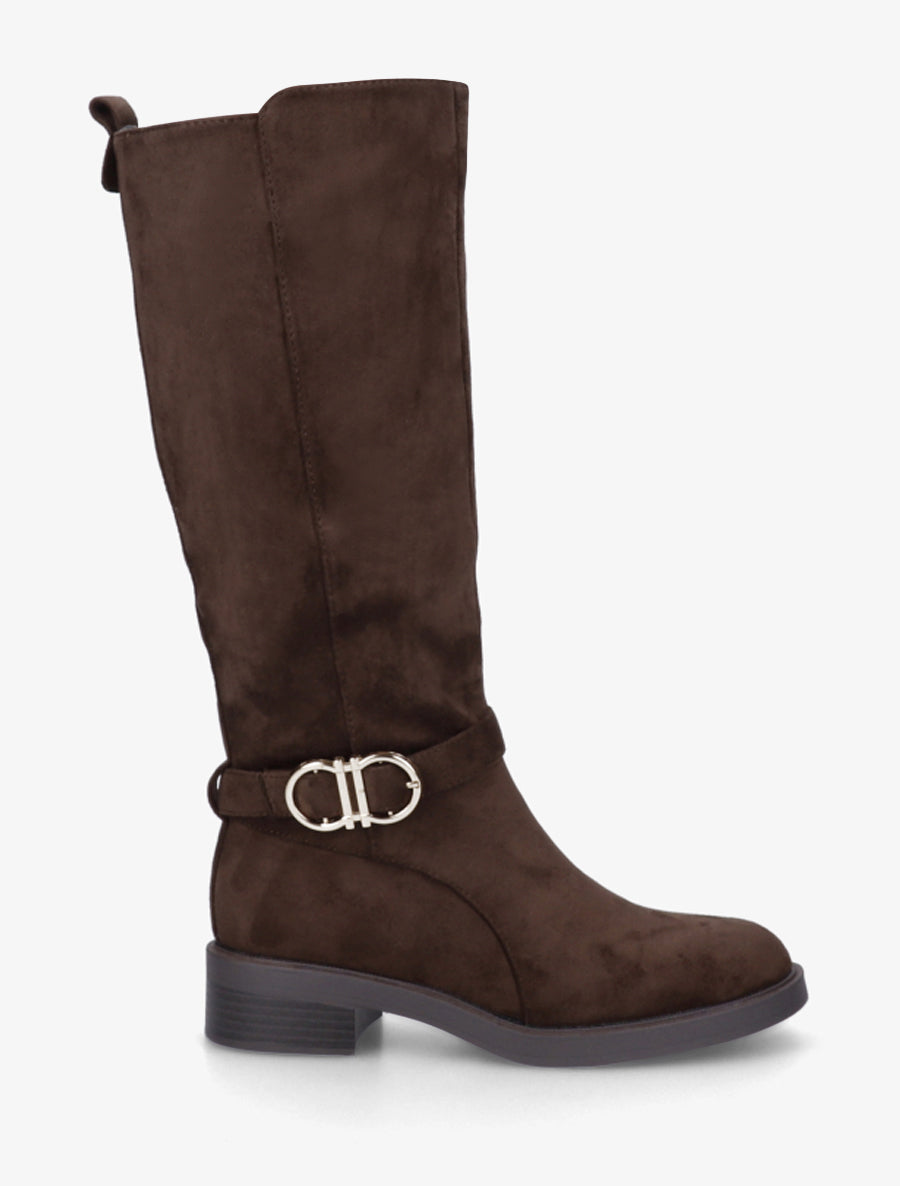 Stiefel aus Velourslederimitat mit Blockabsatz und Schnalle