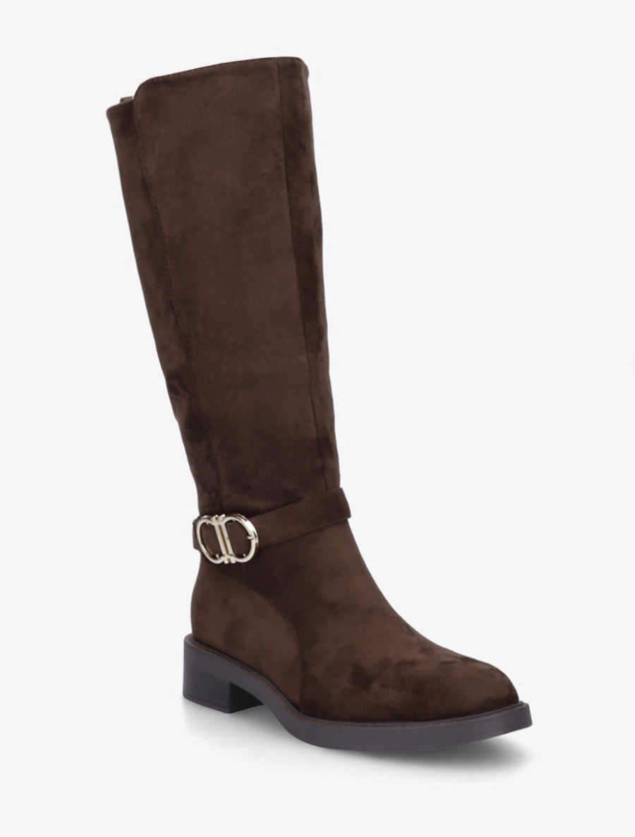 Stiefel aus Velourslederimitat mit Blockabsatz und Schnalle