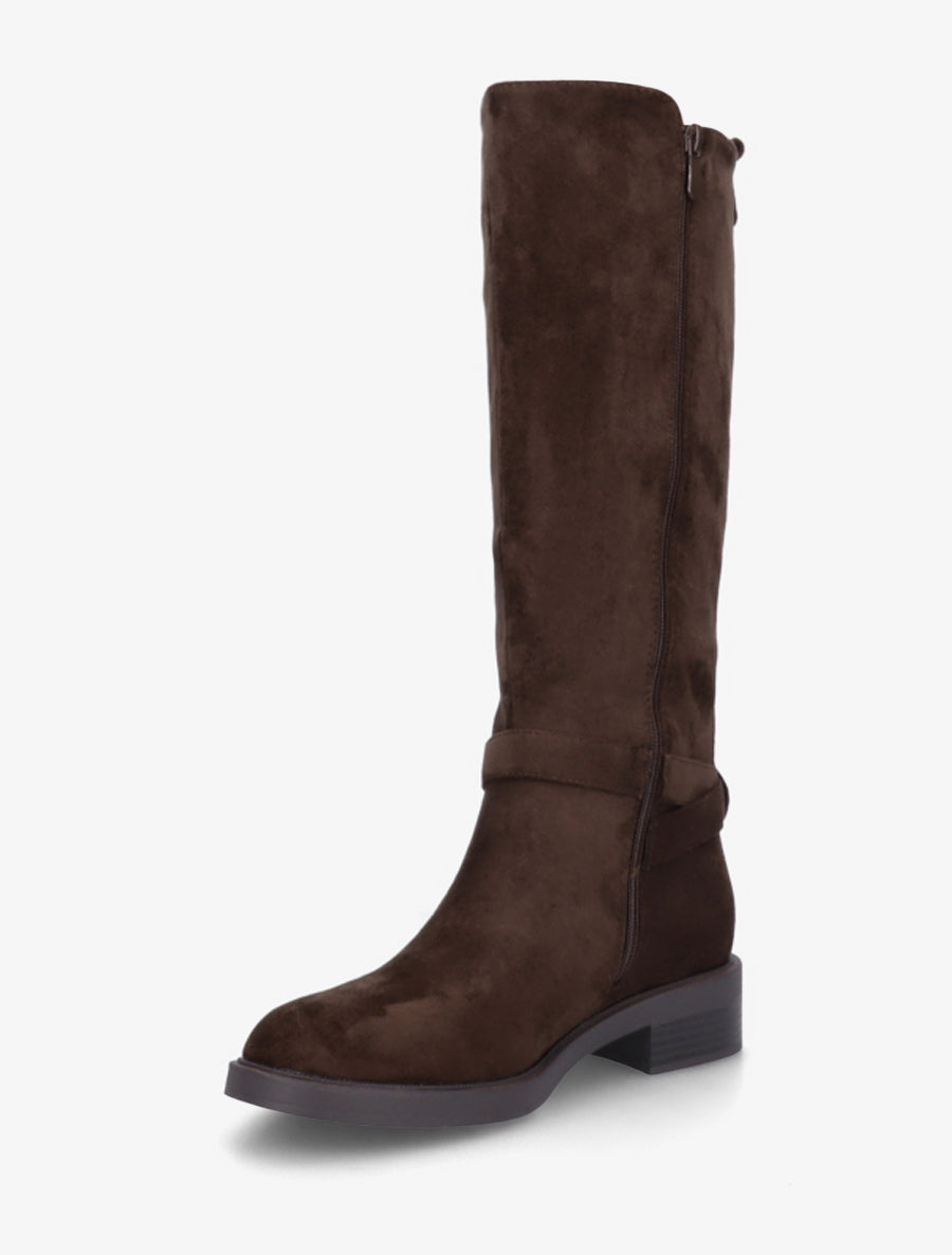 Stiefel aus Velourslederimitat mit Blockabsatz und Schnalle