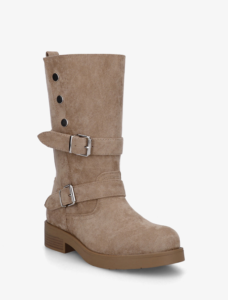 Stiefeletten aus Velourslederimitat mit Blockabsatz und Schnallen