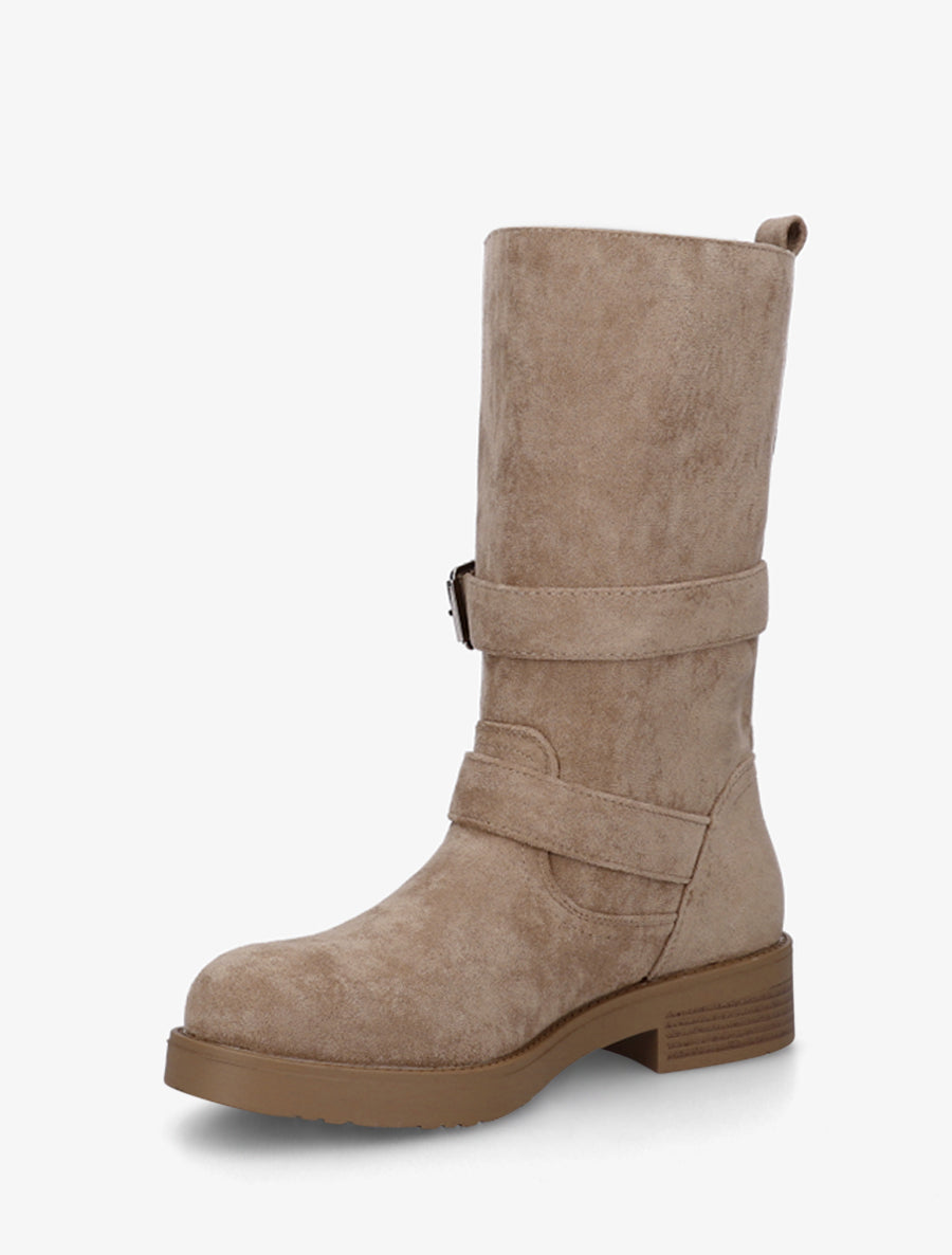 Stiefeletten aus Velourslederimitat mit Blockabsatz und Schnallen