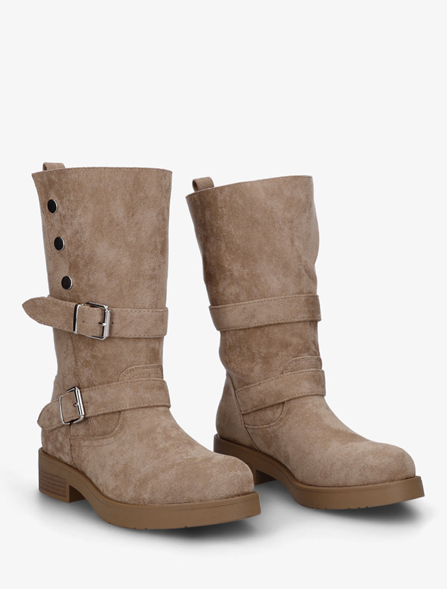 Stiefeletten aus Velourslederimitat mit Blockabsatz und Schnallen