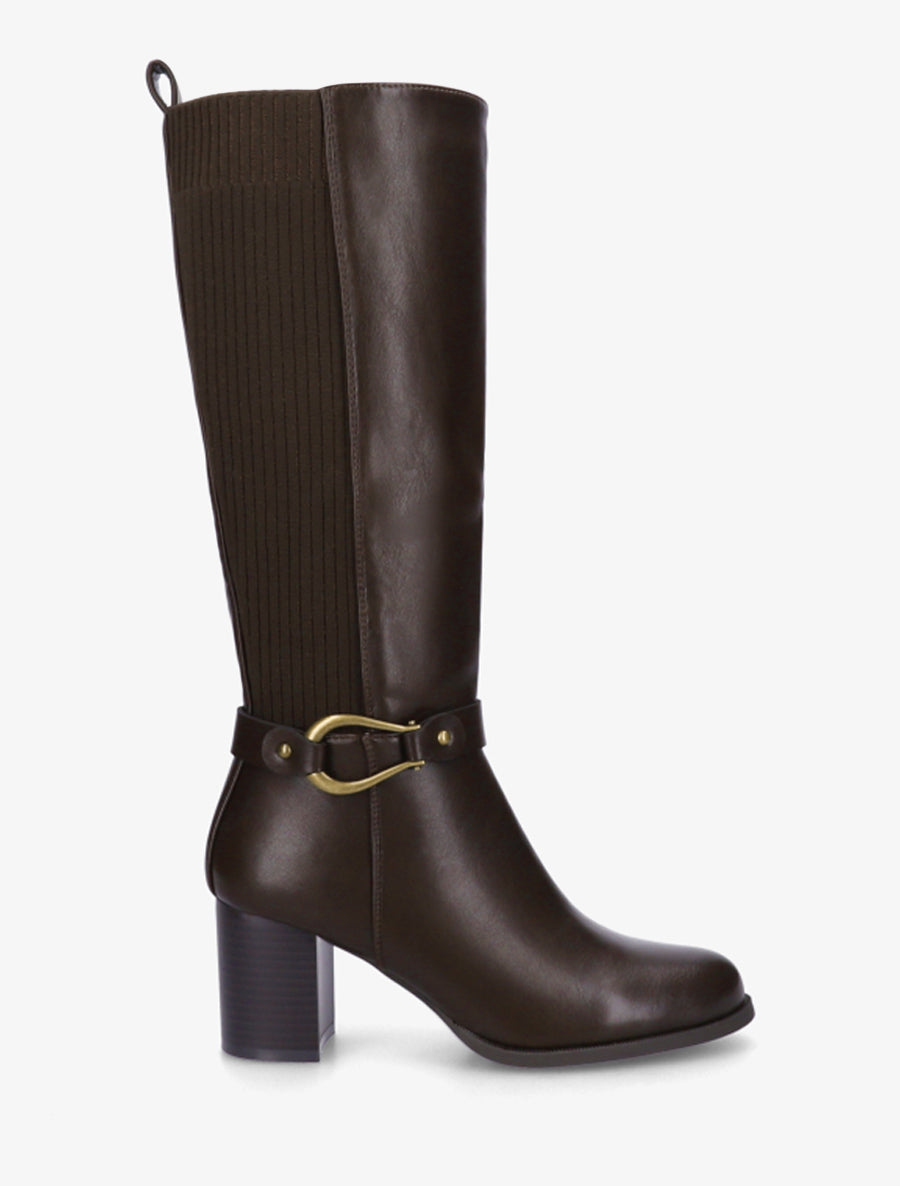 Stiefel aus zwei Materialien mit Blockabsatz - Braun