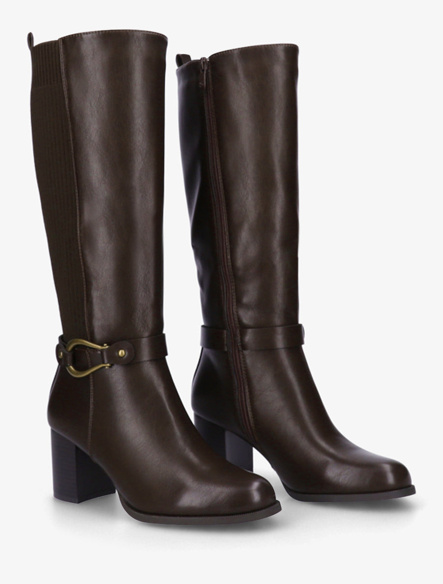 Stiefel aus zwei Materialien mit Blockabsatz - Braun