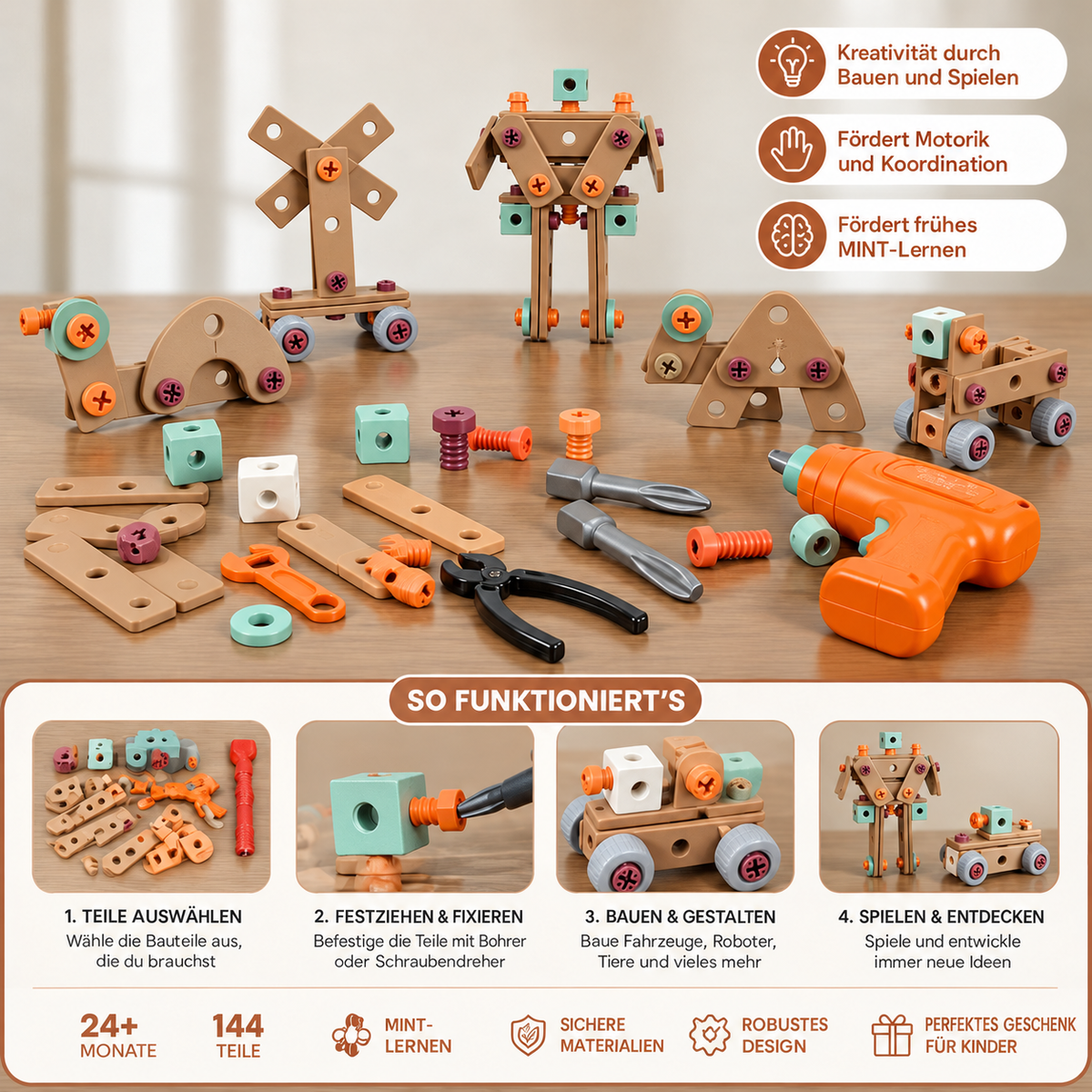 Nordspur | 144-teiliges Kinder-Werkzeugset mit Bohrer und Werkzeugkoffer – STEM Montessori Konstruktionsset