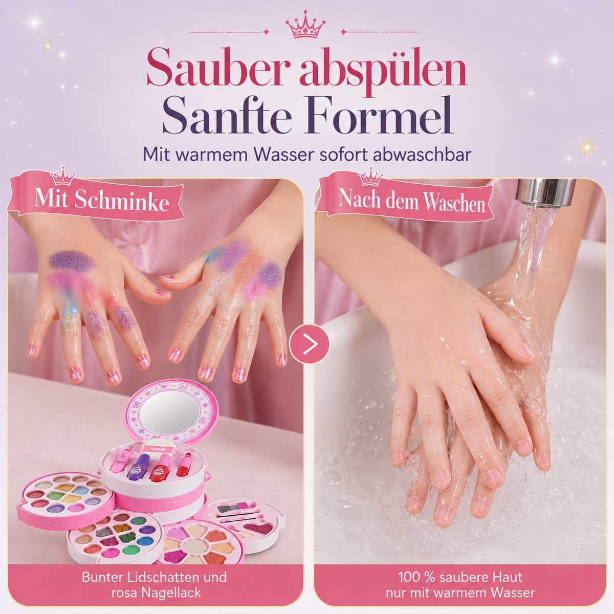 Nordspur | Abwaschbares Prinzessinnen-Makeup-Set – hautfreundlich, Ablagen & tragbare Tasche