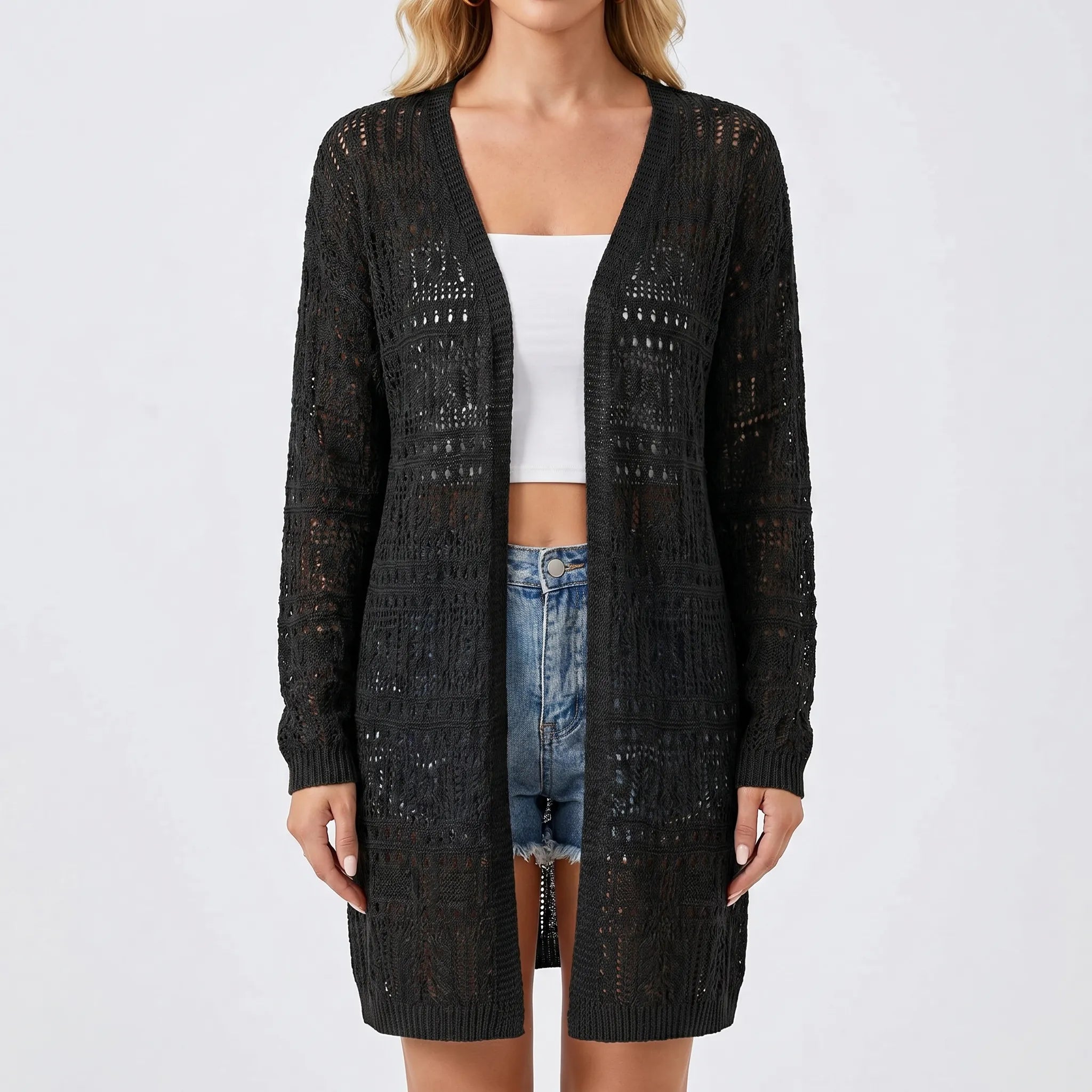 Offene Strickjacke mittellang mit geometrischem Muster und langen Ärmeln