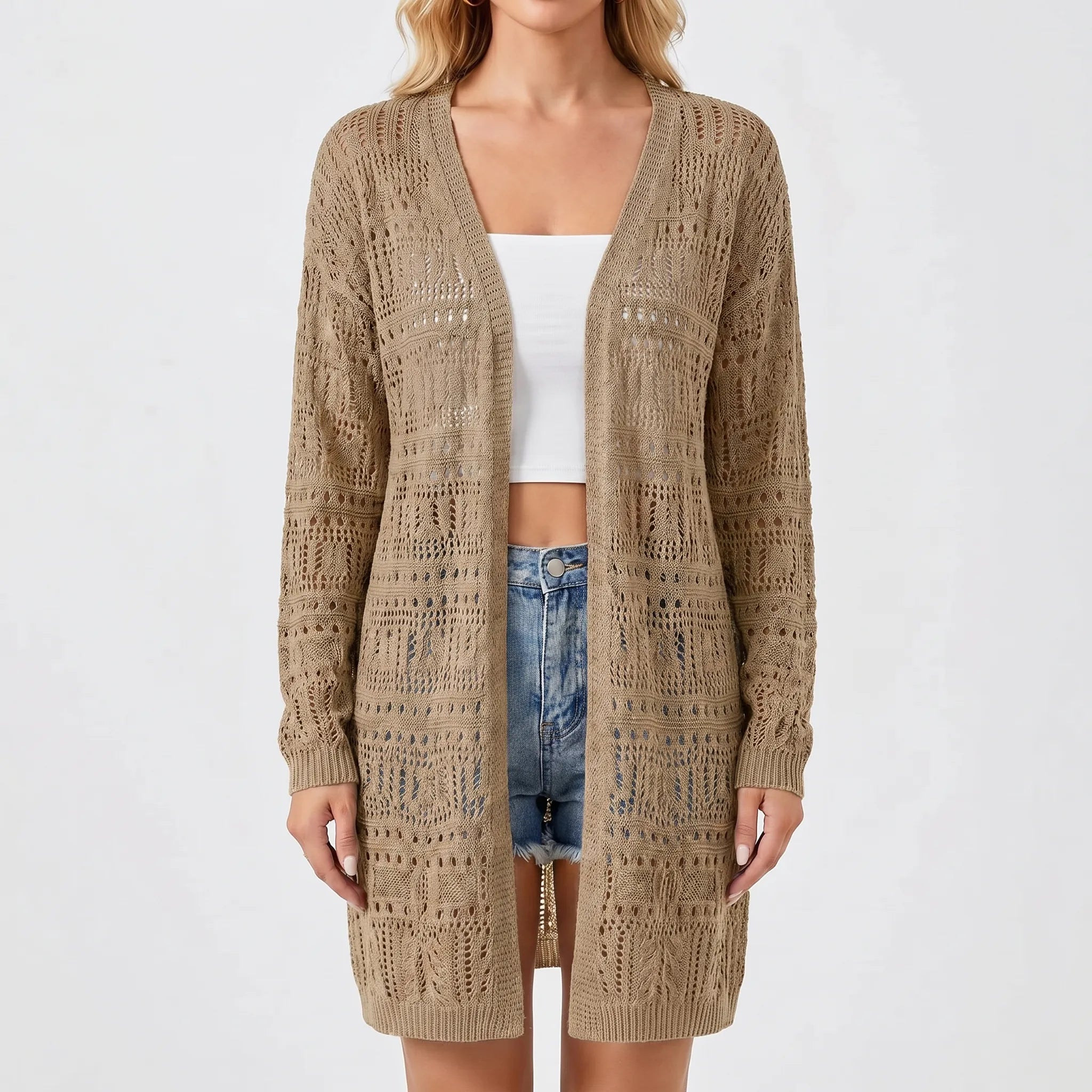 Offene Strickjacke mittellang mit geometrischem Muster und langen Ärmeln