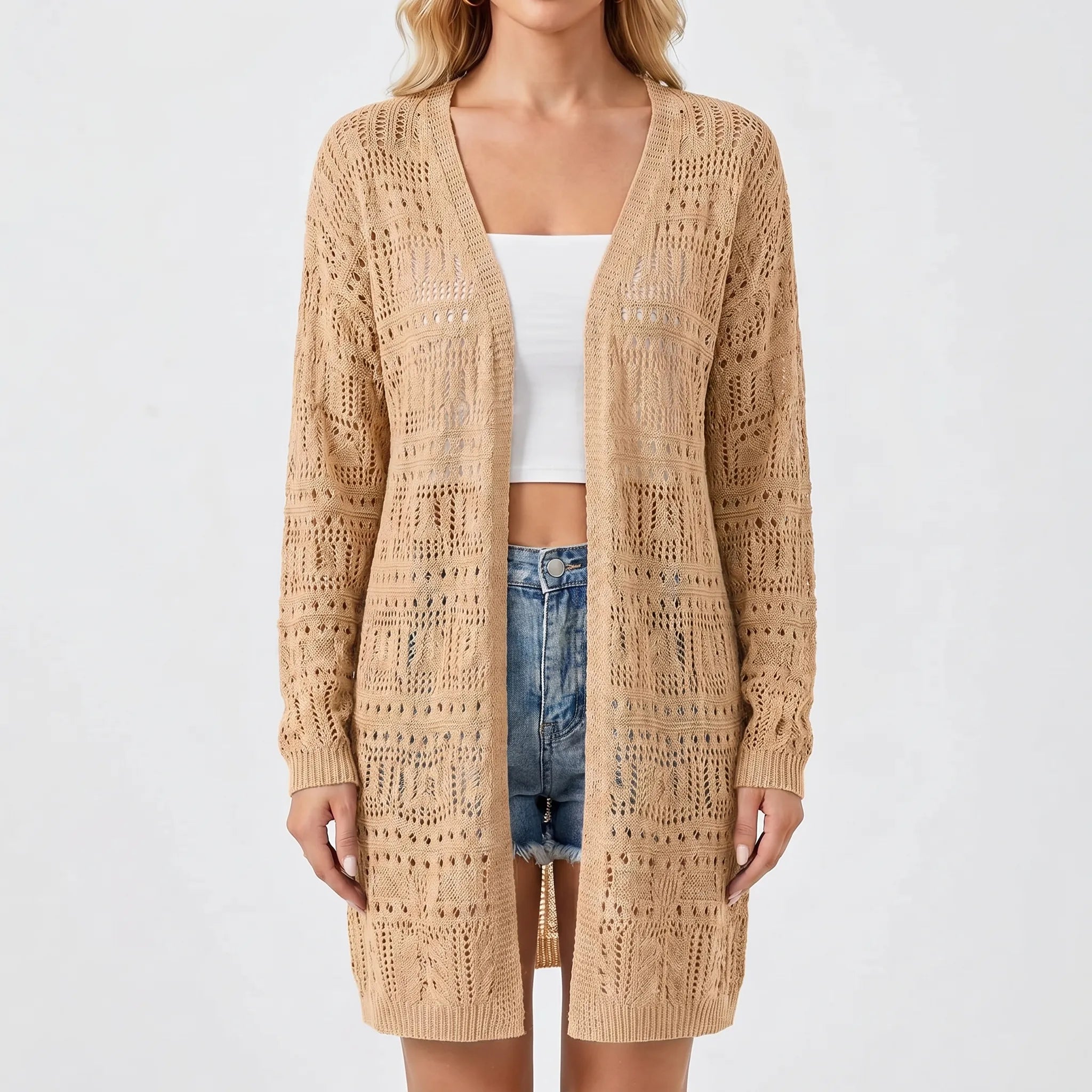 Offene Strickjacke mittellang mit geometrischem Muster und langen Ärmeln