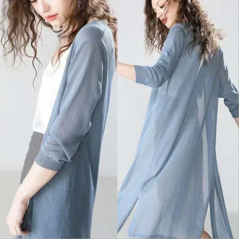 Langlinige Damen-Strickjacke luftig atmungsaktiv Feinstriek Sommerstoff