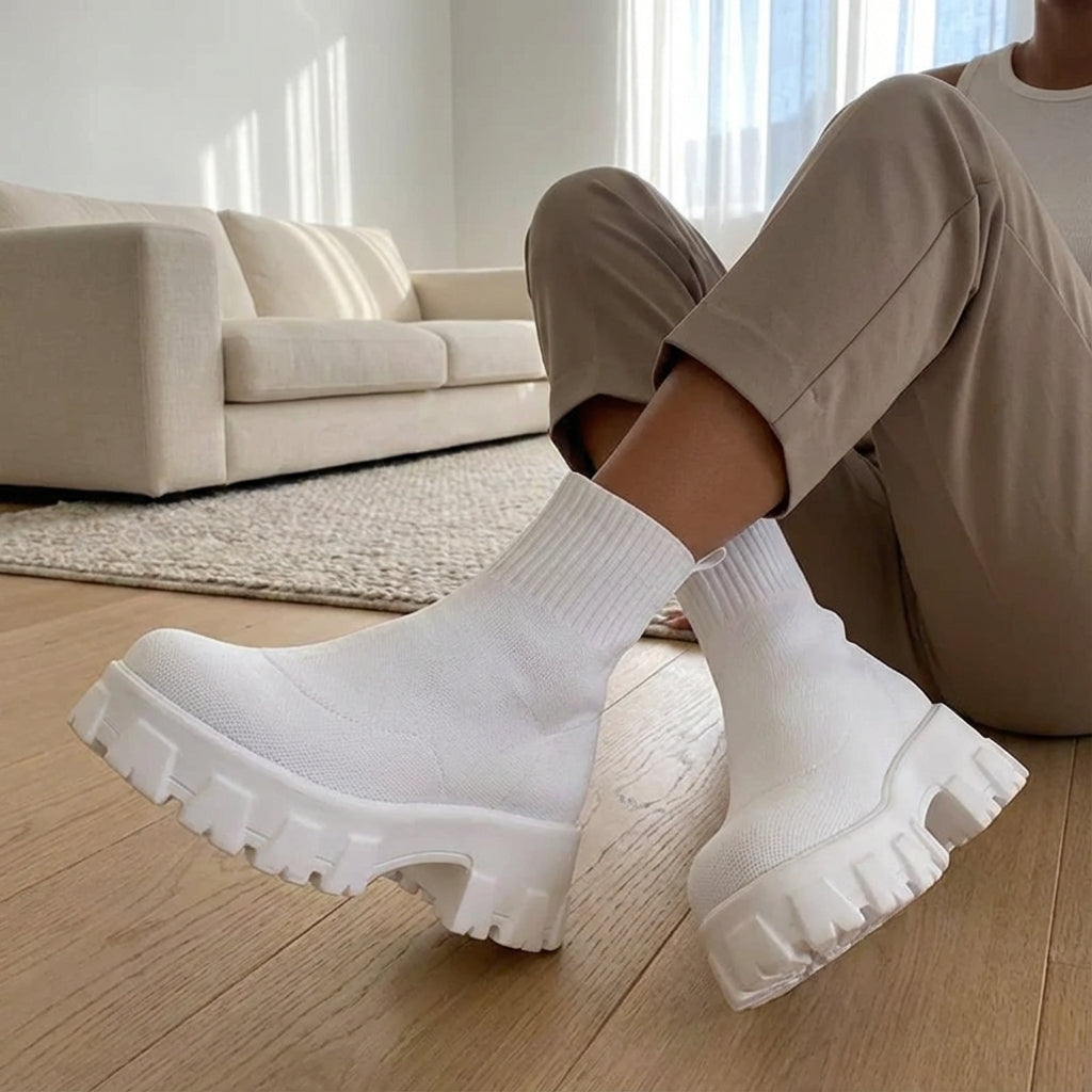 Damen Knöchel-Plateaustiefel Slip-on rutschfeste Sohle