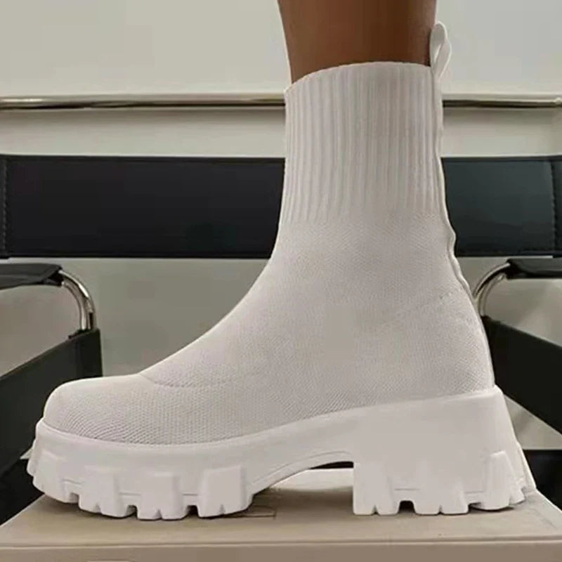 Damen Knöchel-Plateaustiefel Slip-on rutschfeste Sohle