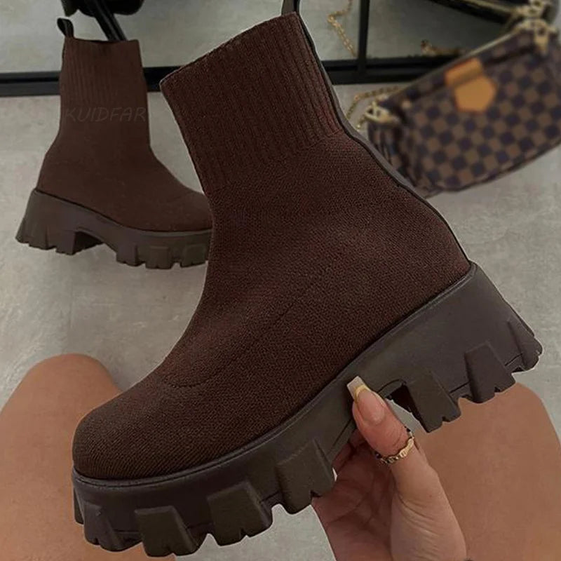 Damen Knöchel-Plateaustiefel Slip-on rutschfeste Sohle