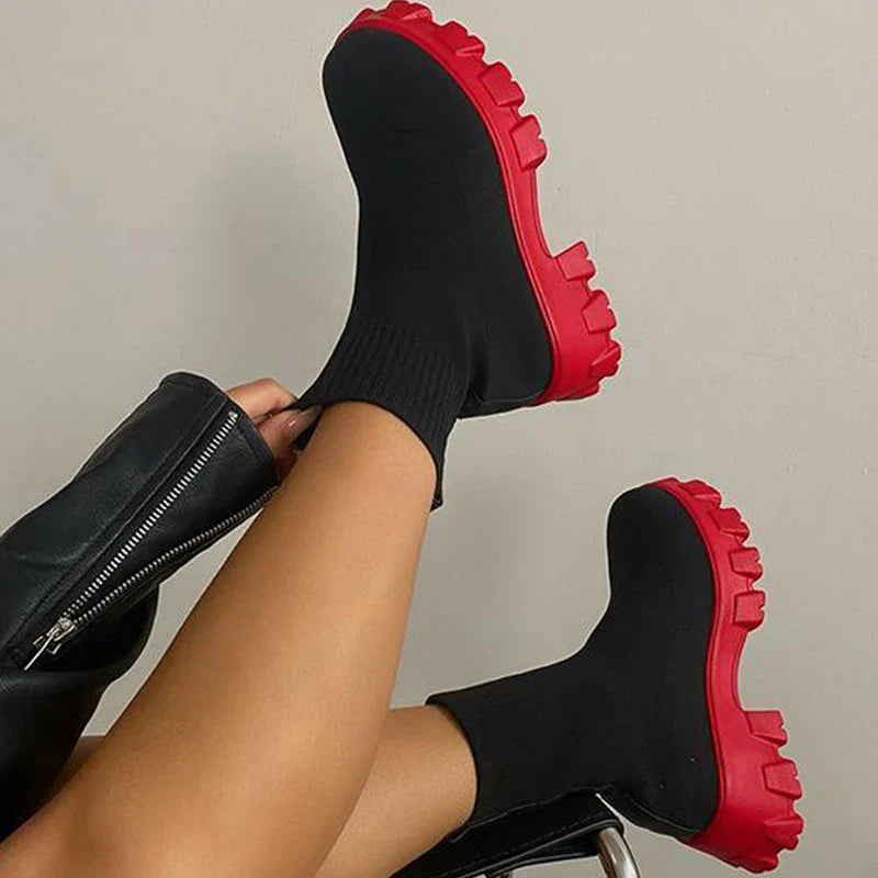 Damen Knöchel-Plateaustiefel Slip-on rutschfeste Sohle