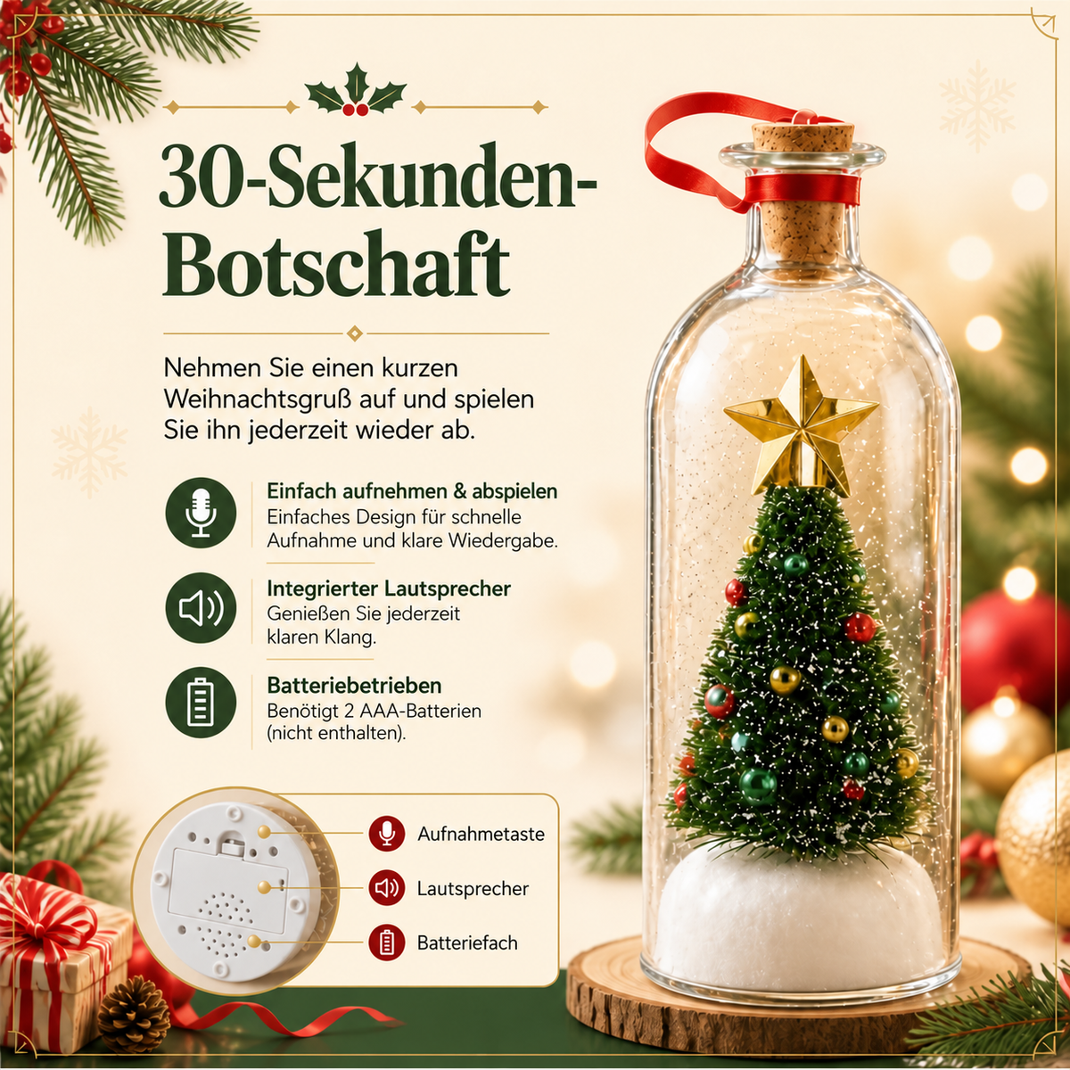Nordspur | Aufnehmbare Weihnachtsbotschaft-in-einer-Flasche Ornament mit Sprachwiedergabe