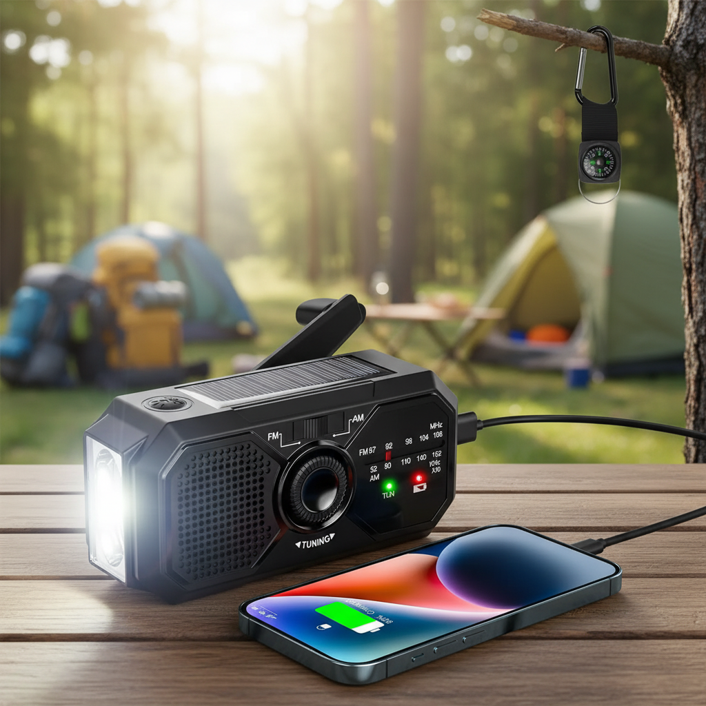 Tragbares Notfallradio mit Solarladung und Handkurbelbetrieb