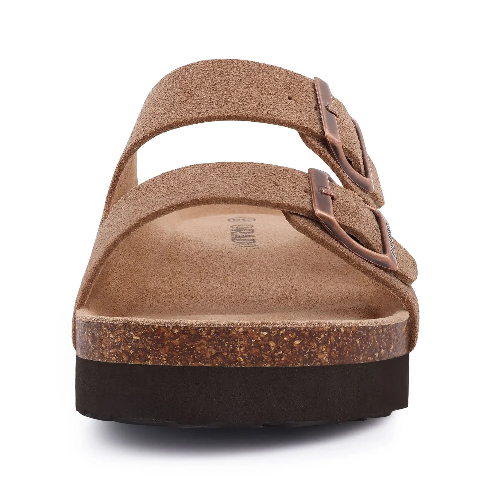 Zwei-Riemen-Sandalen mit Metallschnallen und Korkfußbett