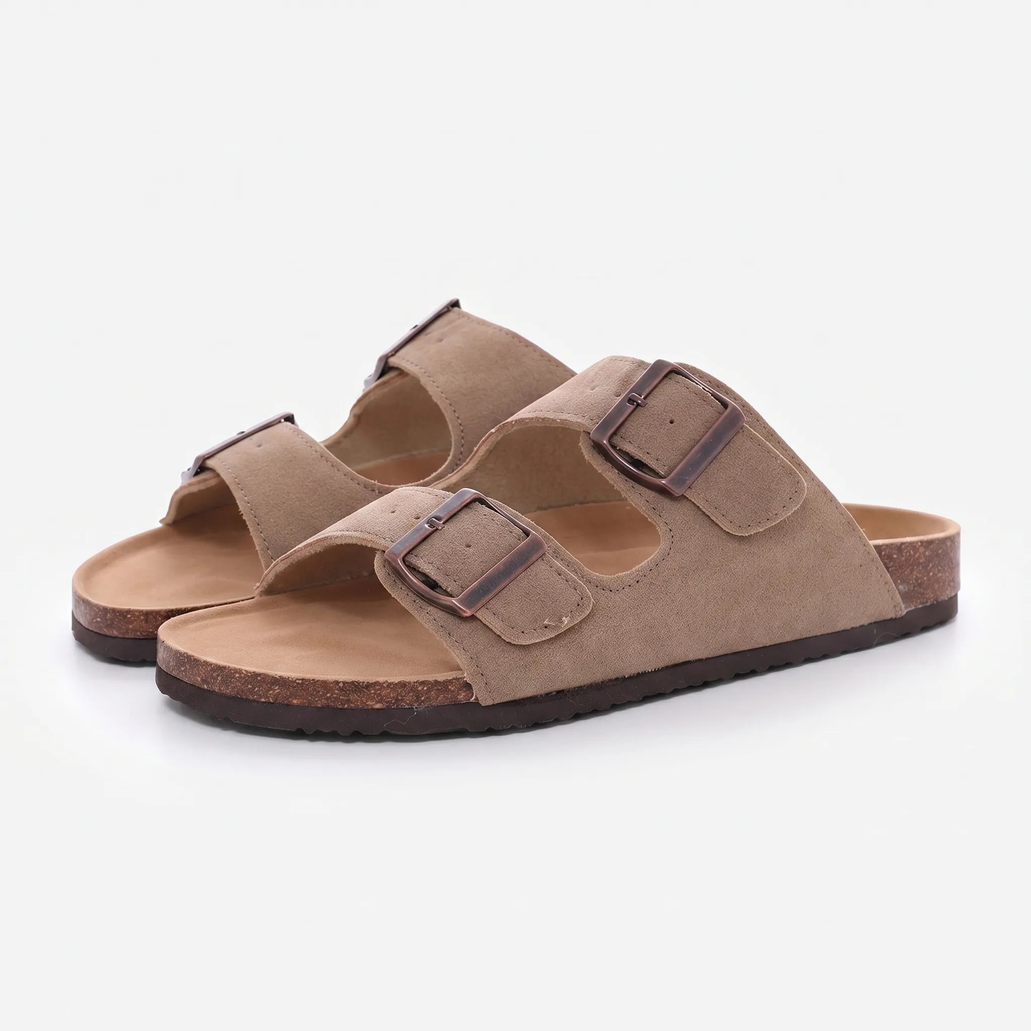 Zwei-Riemen-Sandalen mit Metallschnallen und Korkfußbett