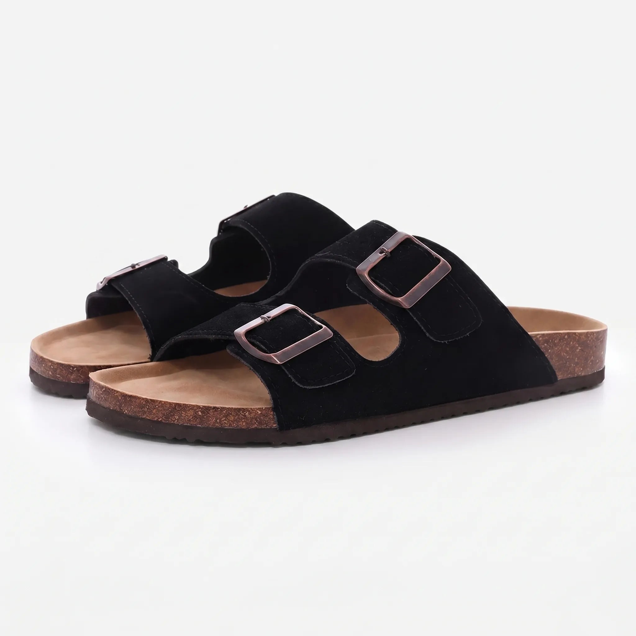 Zwei-Riemen-Sandalen mit Metallschnallen und Korkfußbett