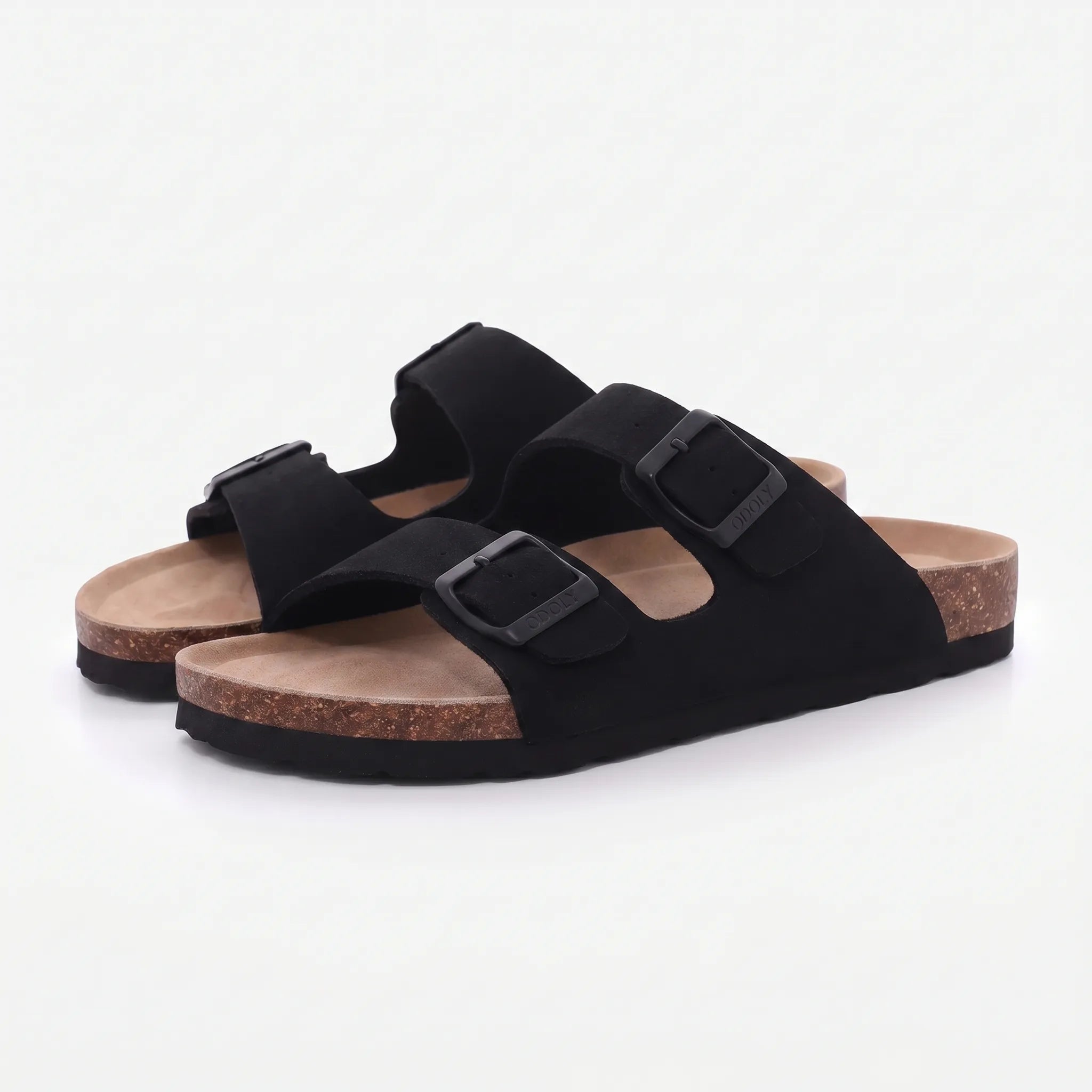 Zwei-Riemen-Sandalen mit Metallschnallen und Korkfußbett