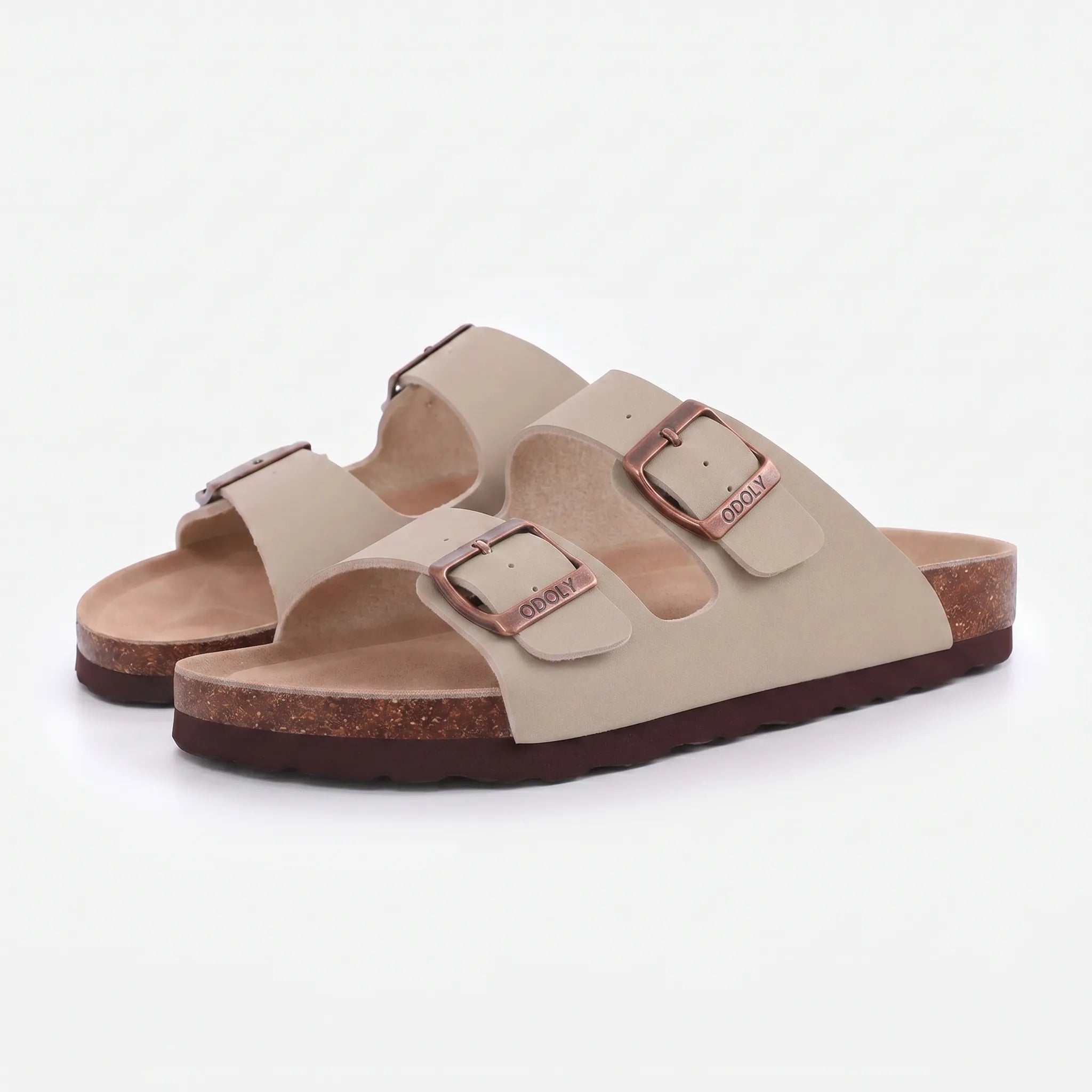 Zwei-Riemen-Sandalen mit Metallschnallen und Korkfußbett