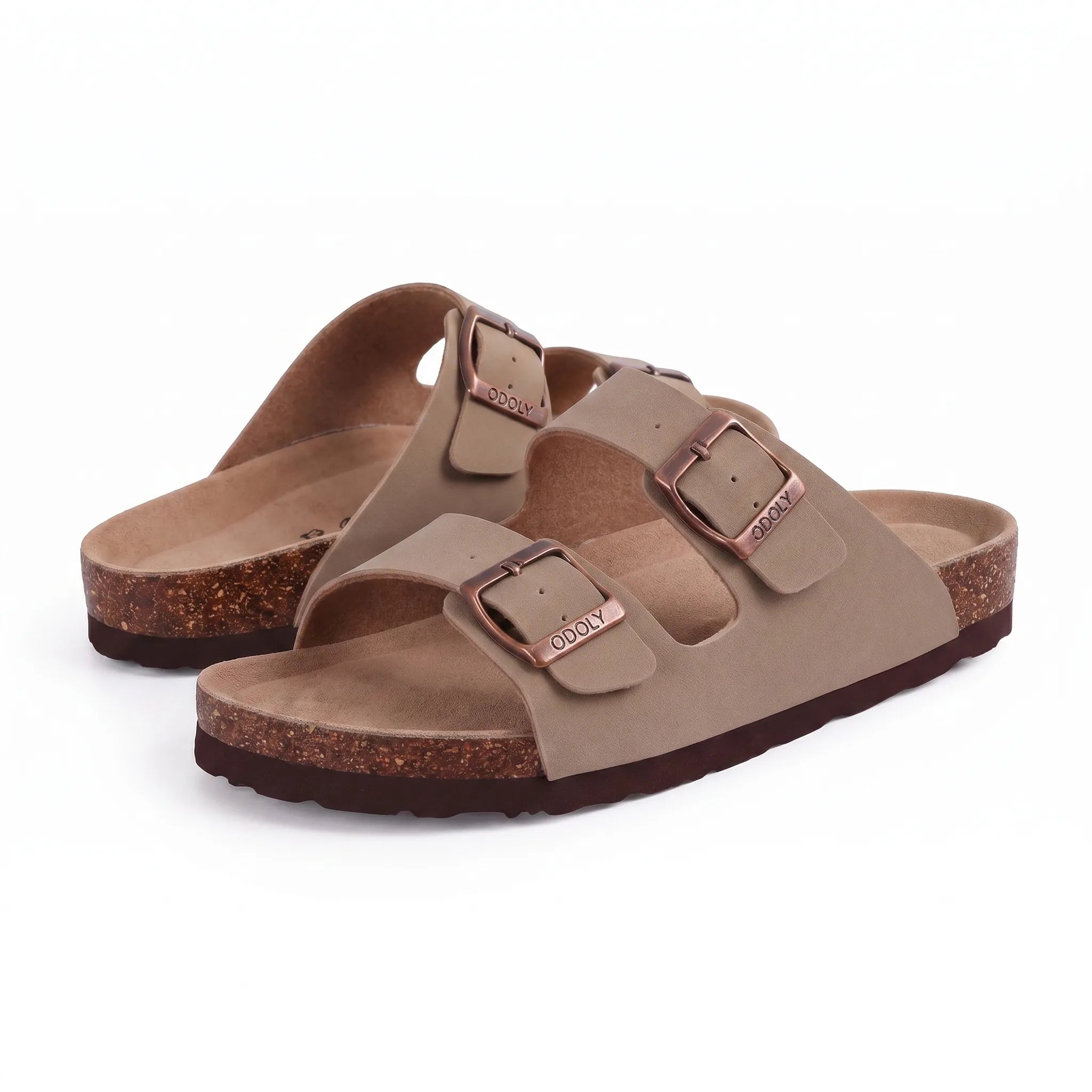 Zwei-Riemen-Sandalen mit Metallschnallen und Korkfußbett
