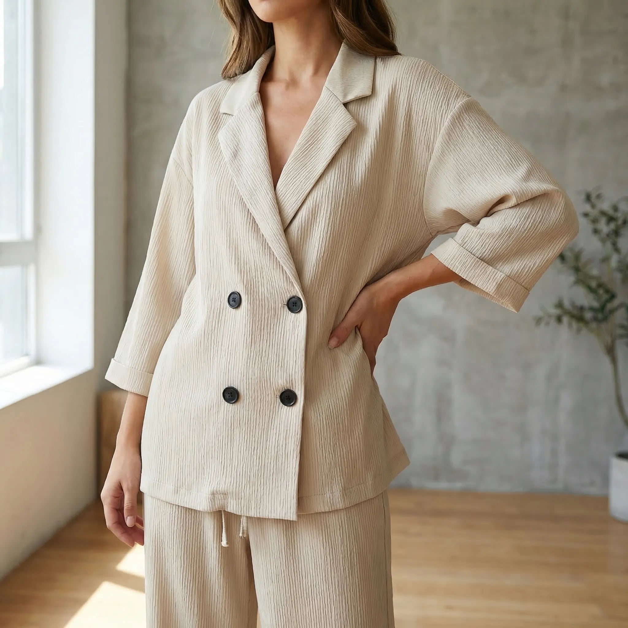 Damen Hosenanzug Set Crinkle-Optik zweireihiger Blazer weite Hose