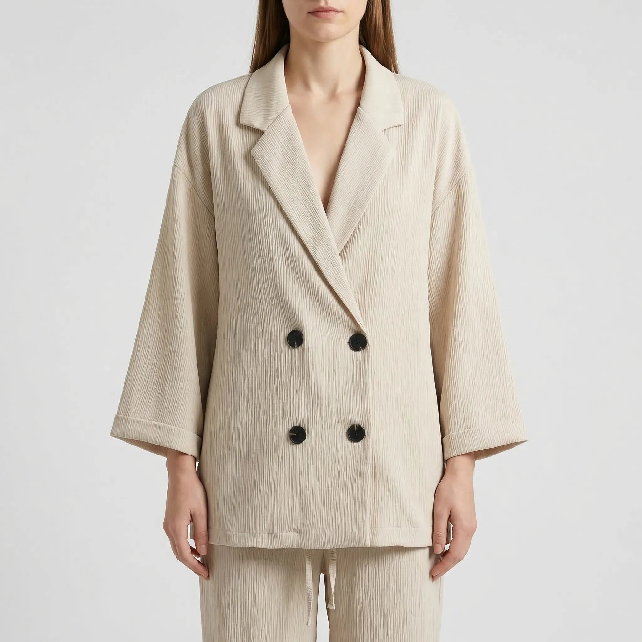 Damen Hosenanzug Set Crinkle-Optik zweireihiger Blazer weite Hose