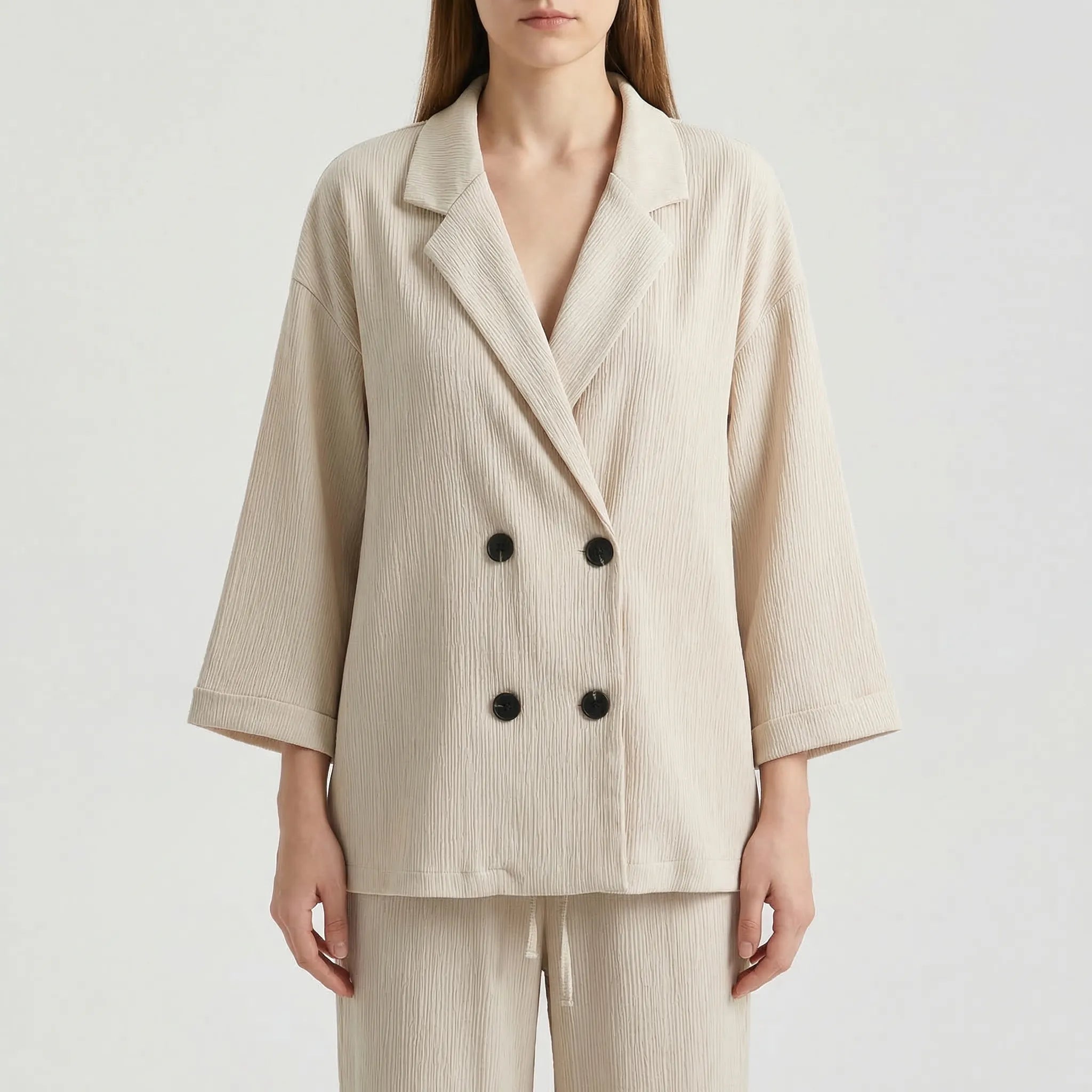 Damen Hosenanzug Set Crinkle-Optik zweireihiger Blazer weite Hose