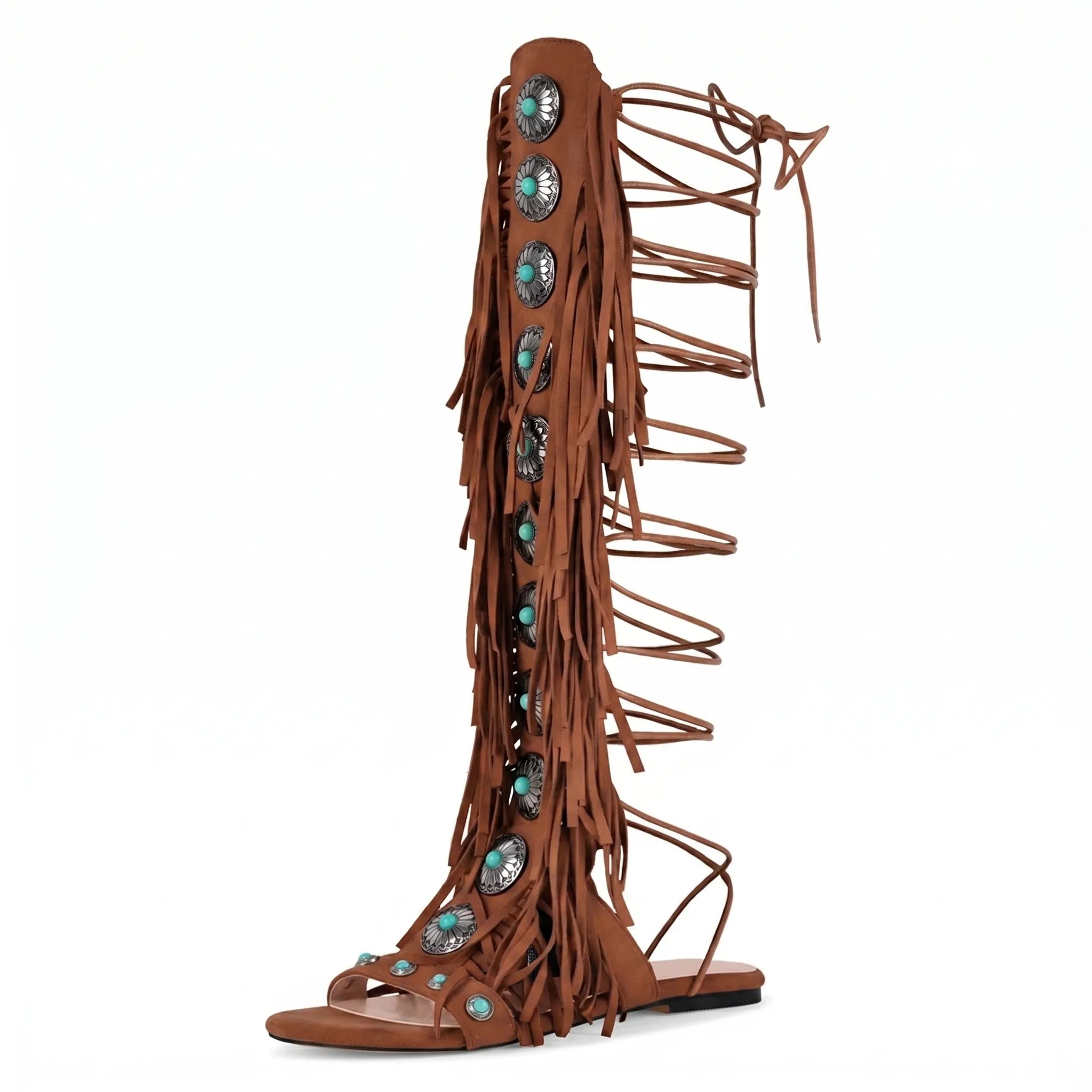 Knöchelhohe Fransen-Sandalen mit Schnürung und metallischen Details