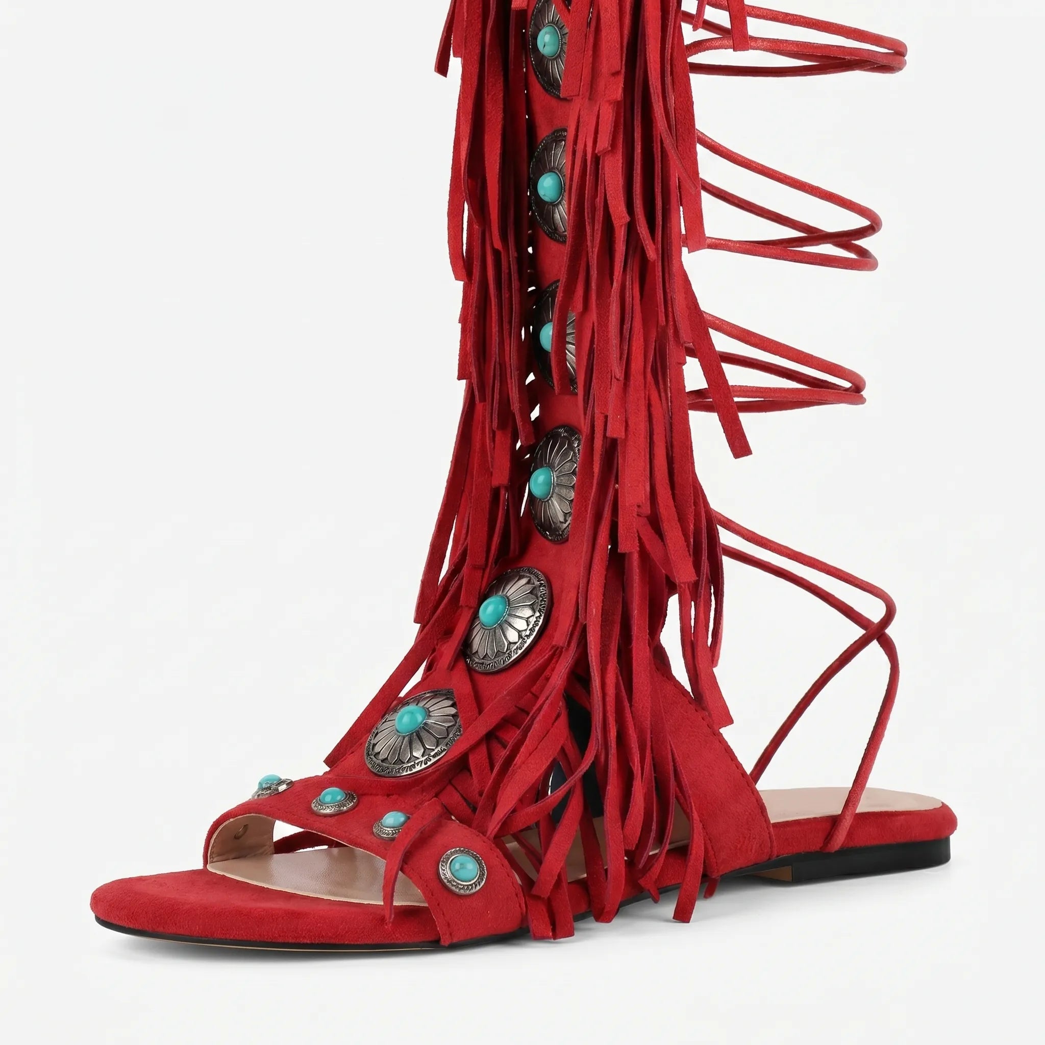 Knöchelhohe Fransen-Sandalen mit Schnürung und metallischen Details