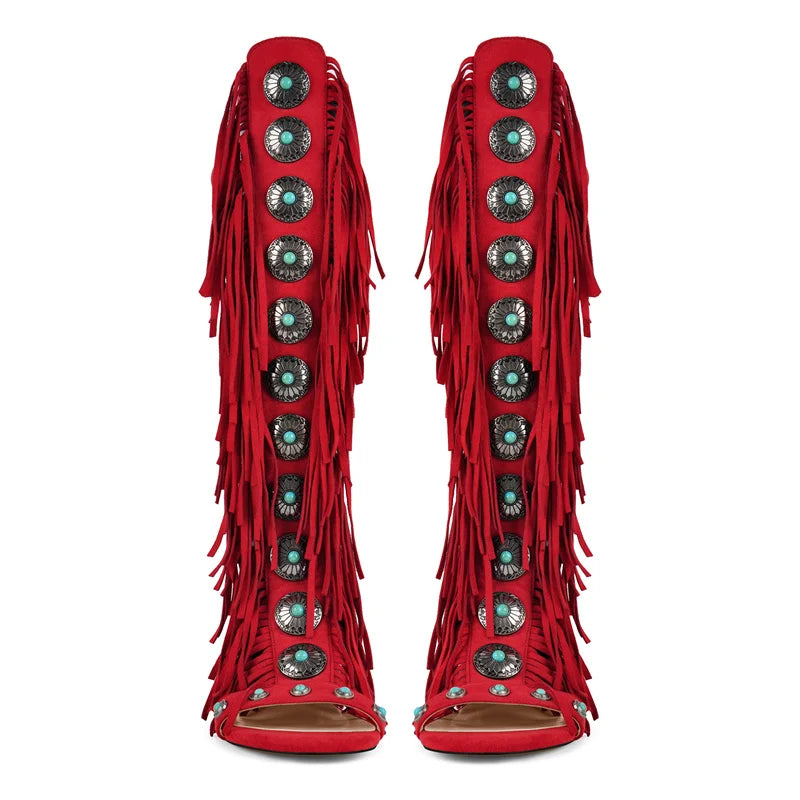Knöchelhohe Fransen-Sandalen mit Schnürung und metallischen Details