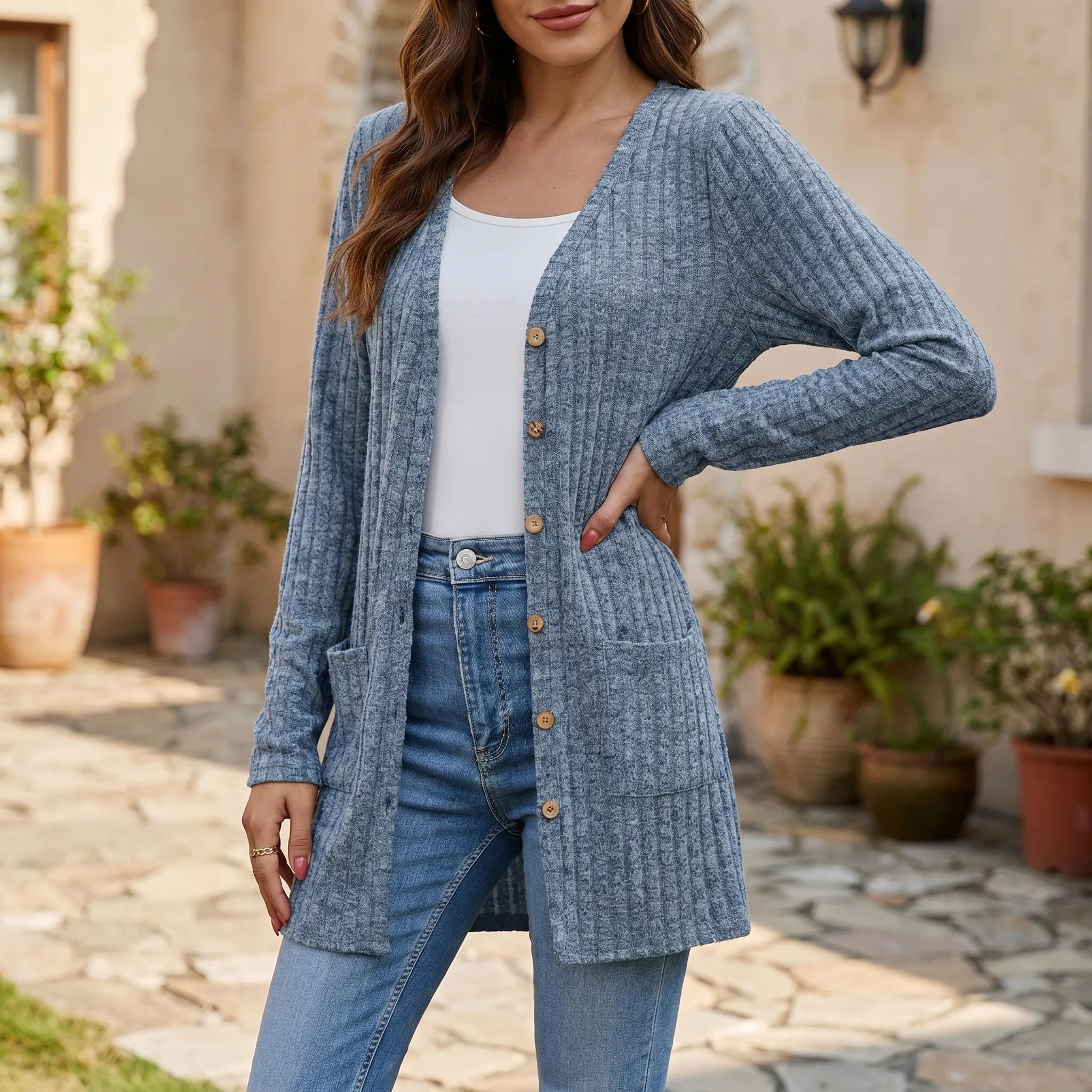 Damen Longline-Cardigan gerippter Stoff V-Ausschnitt Taschen