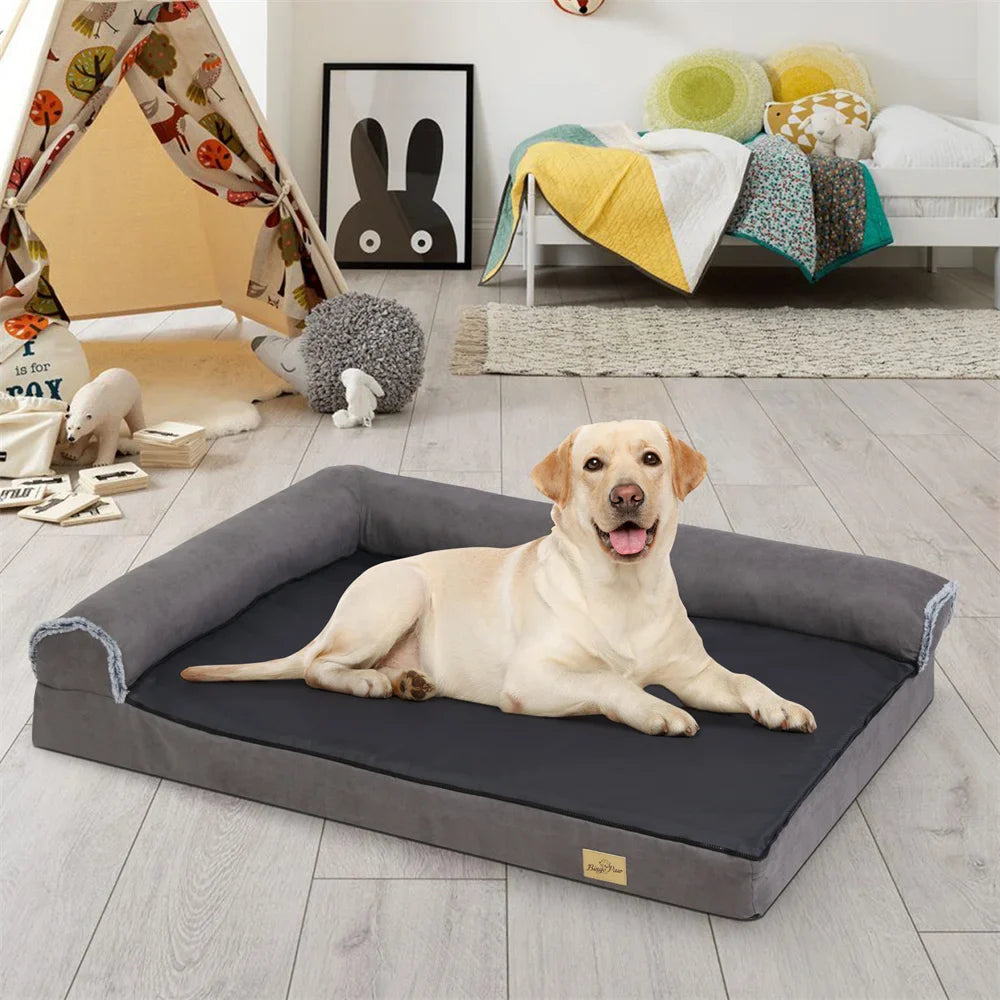Orthopädisches Hundebett L-Form mit Rand und Kopfstütze für große Hunde