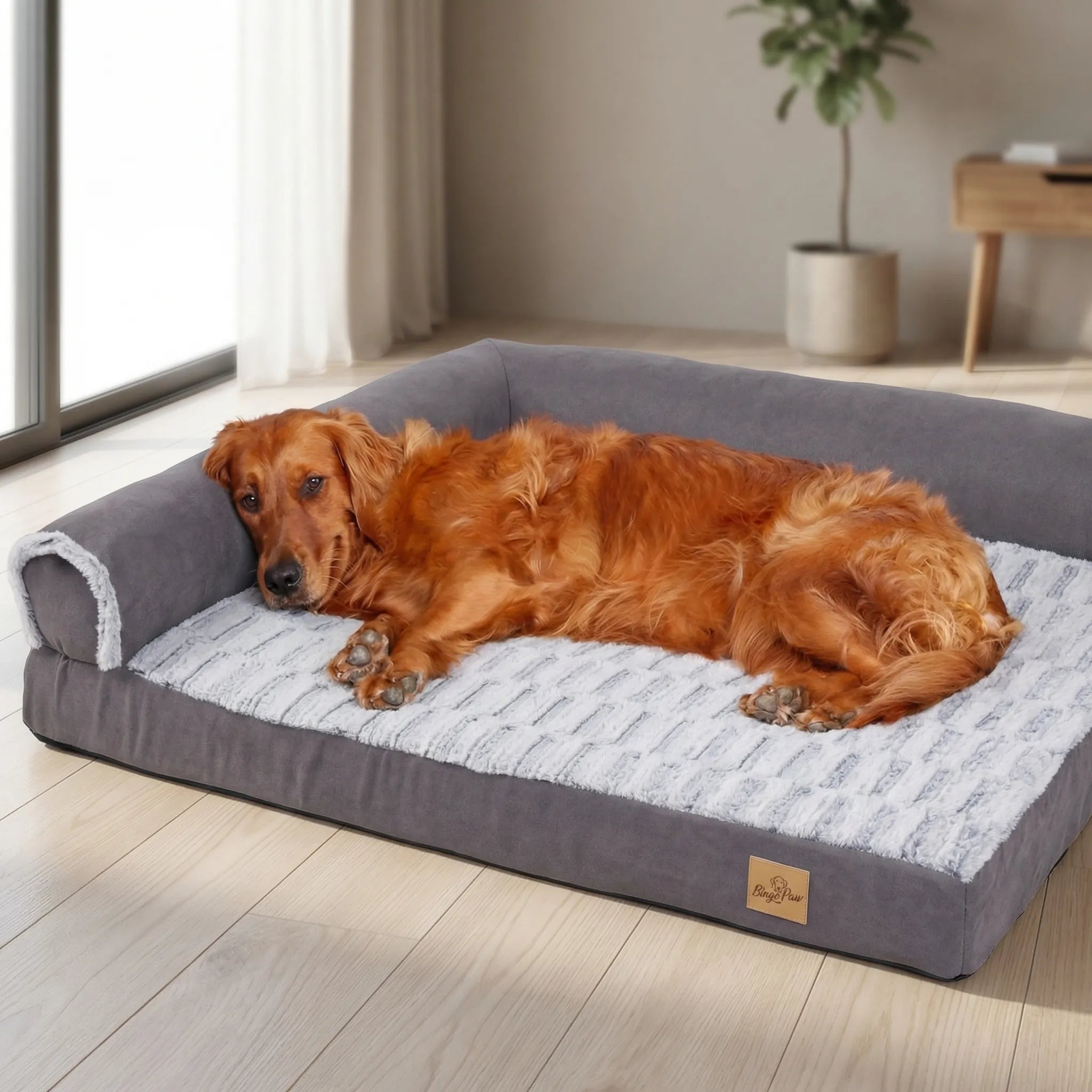 Orthopädisches Hundebett L-Form mit Rand und Kopfstütze für große Hunde