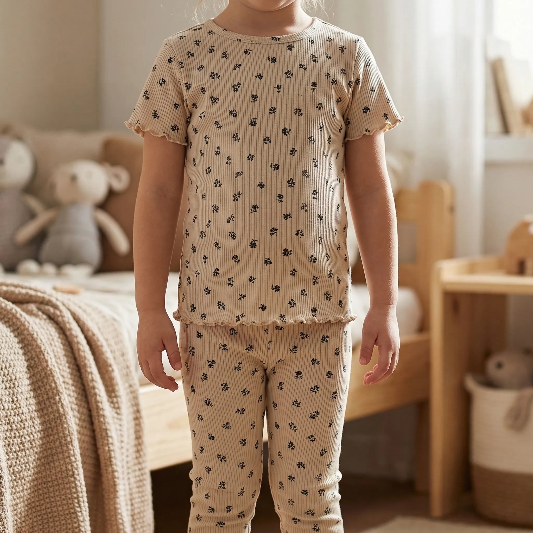 Kinder Set geblümtes Ripp-Oberteil und Hose mit Wellensaum