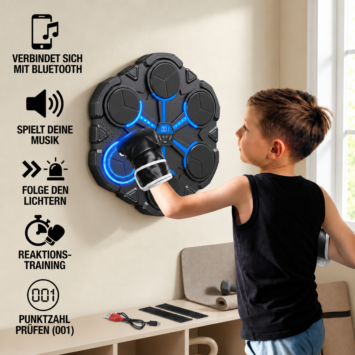 Nordspur | Bluetooth Musik Boxing Trainer – Interaktives Wand-Schlagziel mit Lichtern & Sound