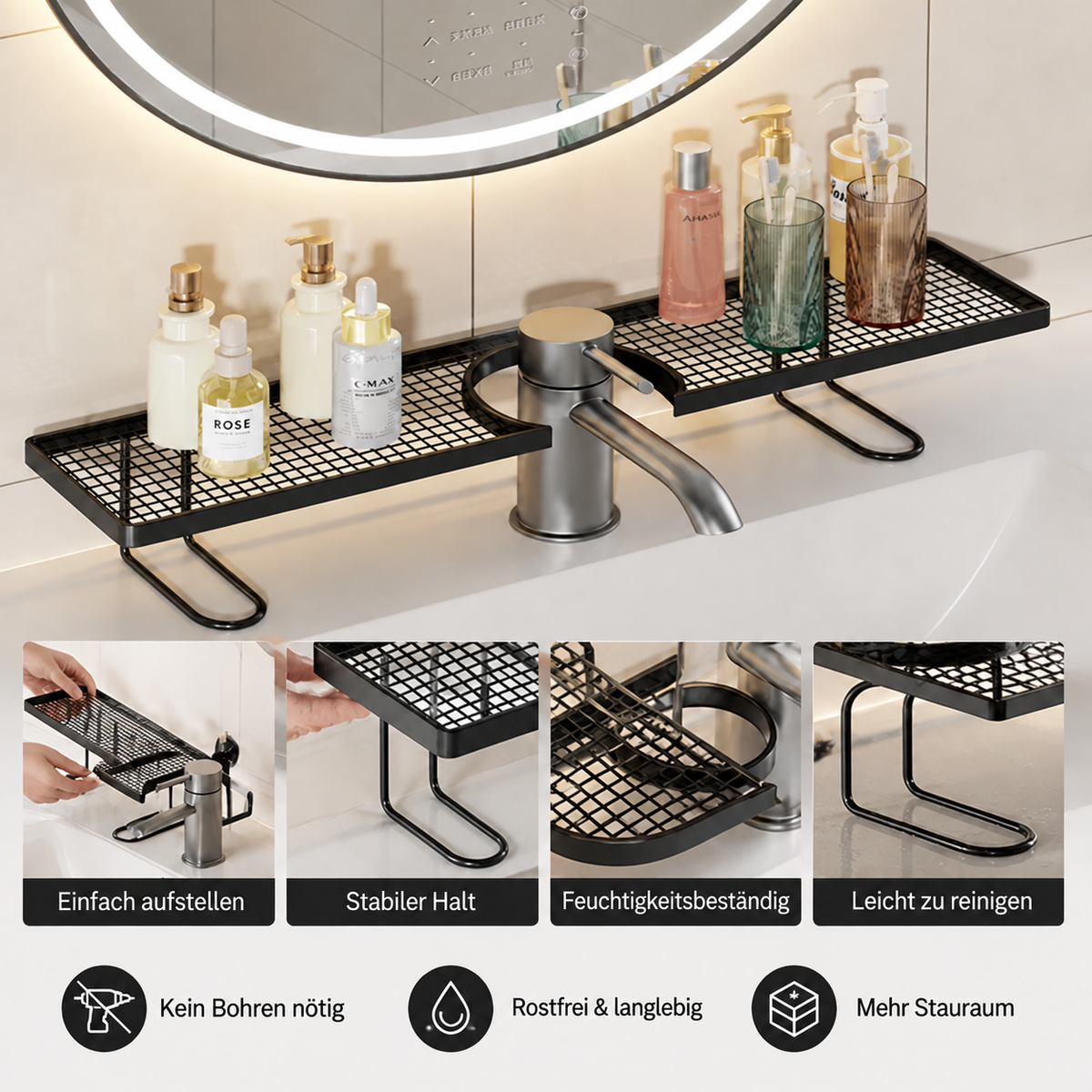 Nordspur | Bohrfreies feuchtigkeitsbeständiges Badezimmer-Arbeitsplatten-Organizer-Regal