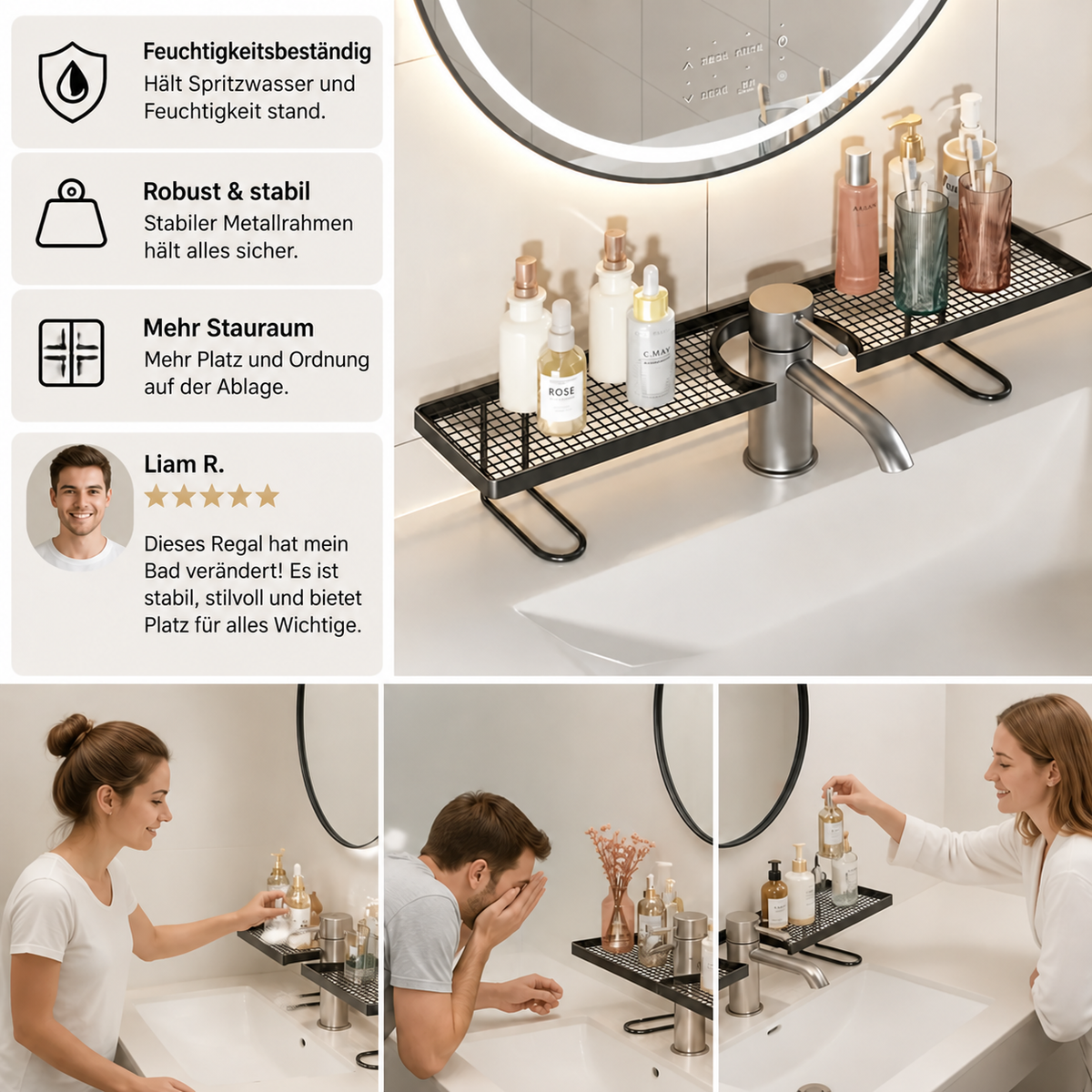 Nordspur | Bohrfreies feuchtigkeitsbeständiges Badezimmer-Arbeitsplatten-Organizer-Regal